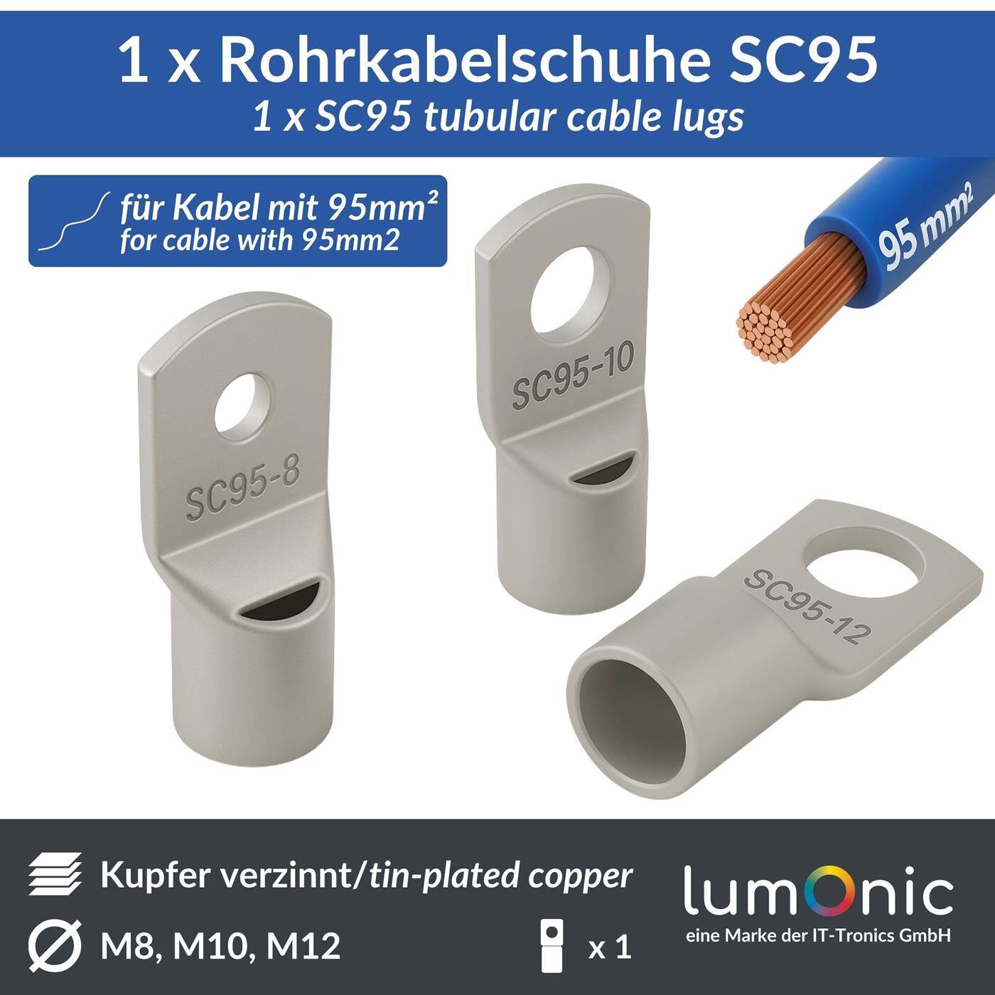 Rohrkabelschuh blank 95mm² Lochdurchmesser M8 SC95-8 Ringzunge Kupfer verzinnt