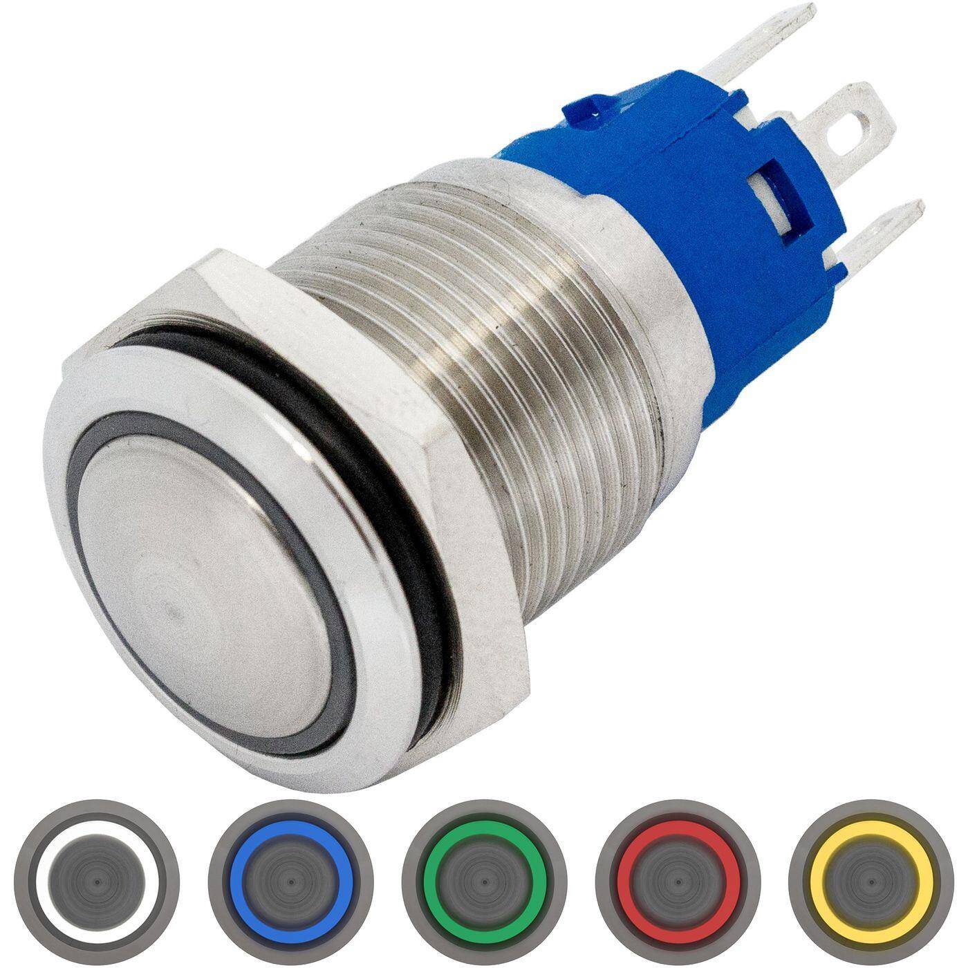 Lumonic Edelstahl Drucktaster gewölbt 16mm Durchmesser I Mit einer Ring LED in Kalt-Weiß Maße: 2,8x0,5mm Pin s 250V 3A I Vandalismussicher nach dem IP65 Standard