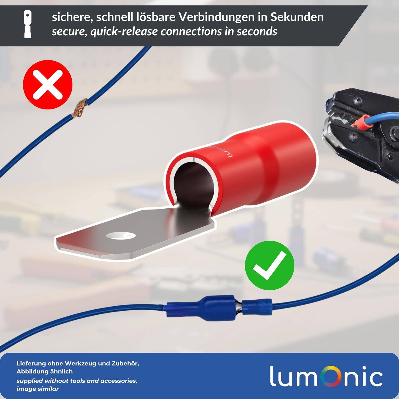 Lumonic 25x Flachstecker 0,5-1,5mm²  | für Flachsteckhülse 0,8 x 4,8mm | teilisoliert | Kabelverbinder ohne Löten | Messing verzinnt | KFZ, Maschinenbau