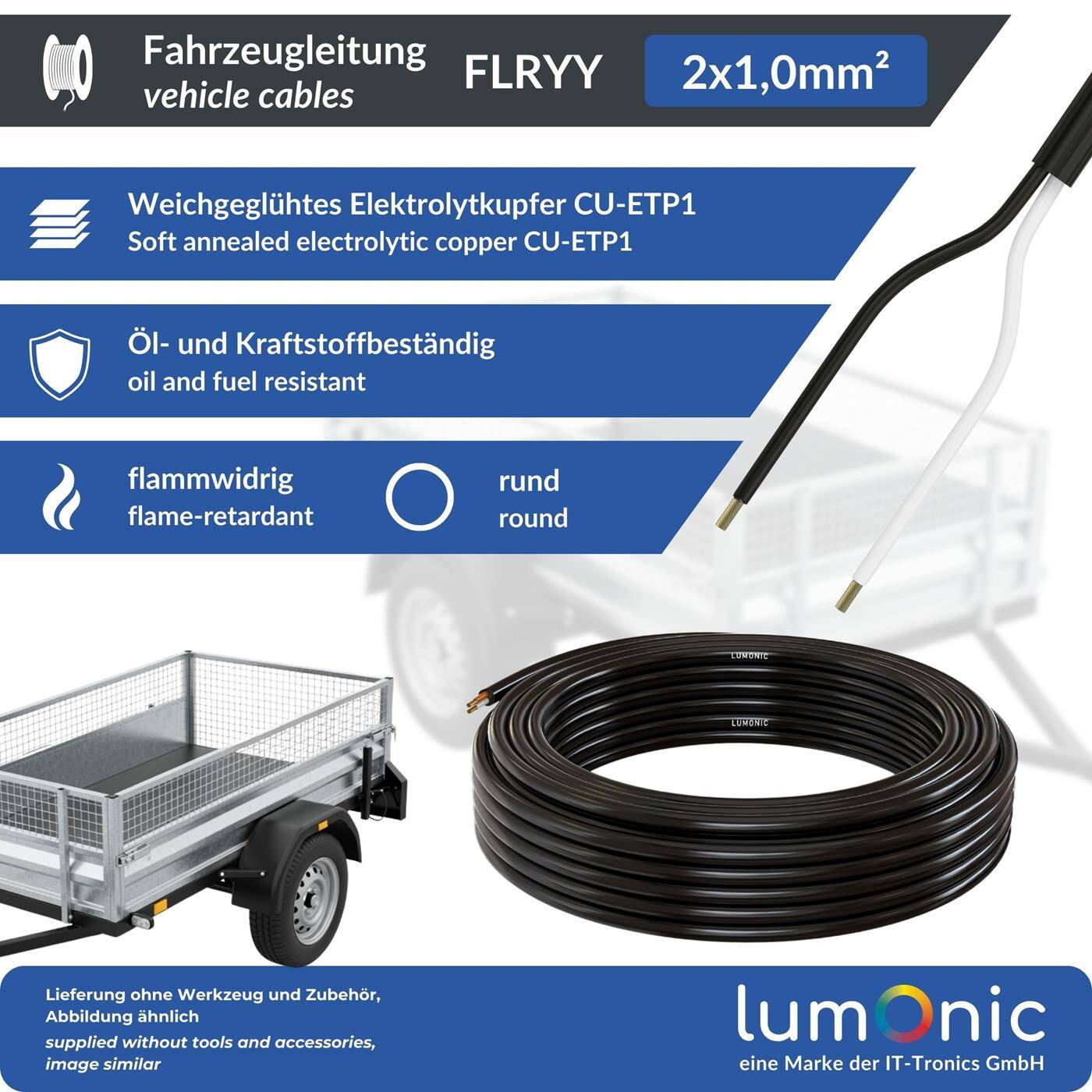 1m FLRYY Vehicle cable 2x1mm² round Cable CAR Trailer cable Low voltage