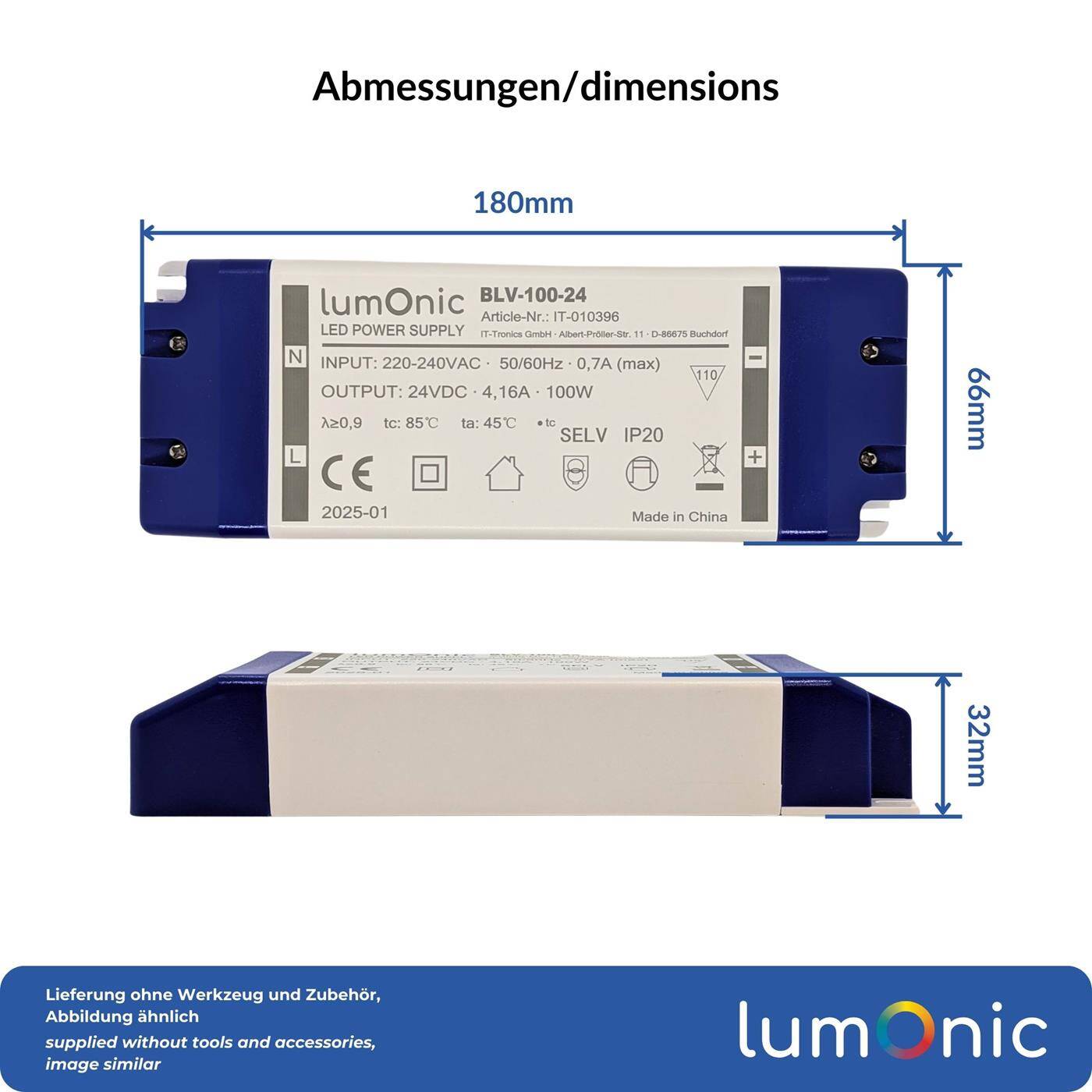 Lumonic I LED transformer BLV-100-24 I 24V 100W I Input 220-230VAC I flicker-free I Overload protection I LED power supply unit I for LED lighting