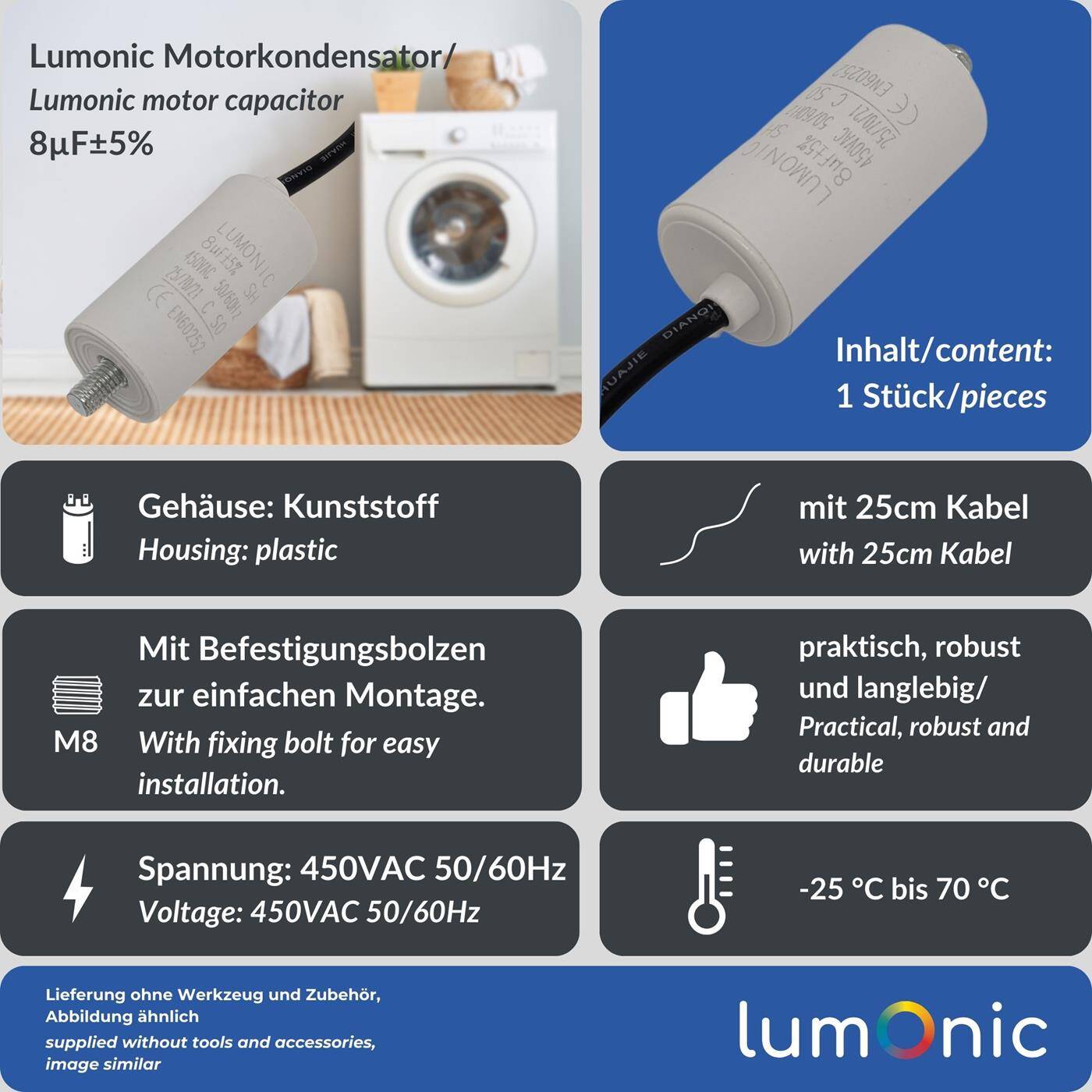 Lumonic Anlaufkondensator 8µF 450V | mit Kabel I 30x60mm I 8uF I Motorkondensator mit Kunststoffgehäuse I Betriebskondensator I für Pumpen, Rasenmäher, Werkzeuge