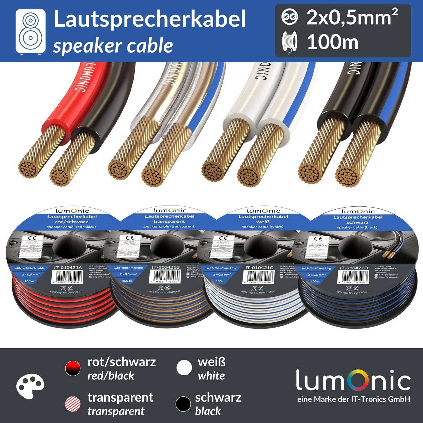 100m Lautsprecherkabel 2x 0,5mm² Rot Schwarz CCA HiFi Boxenkabel Audio Zwillingsleitung