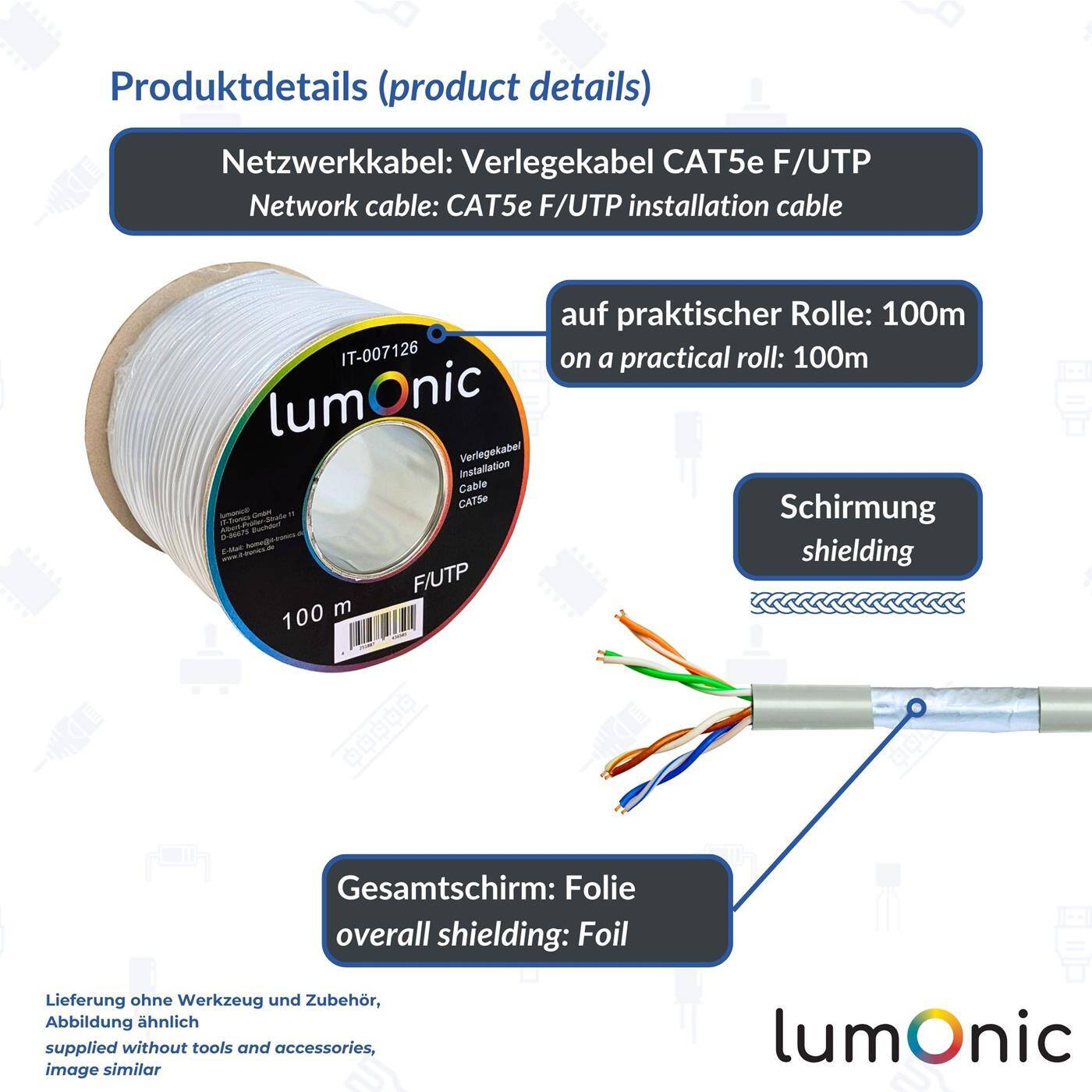 Lumonic 100m Netzwerkkabel CAT 5e F/UTP I CAT5e-kabel, Gigabit Lan Kabel, Ethernet Kabel I Flexibles Verglegekabel geschirmt, für den Innenbereich bis 100 MHz