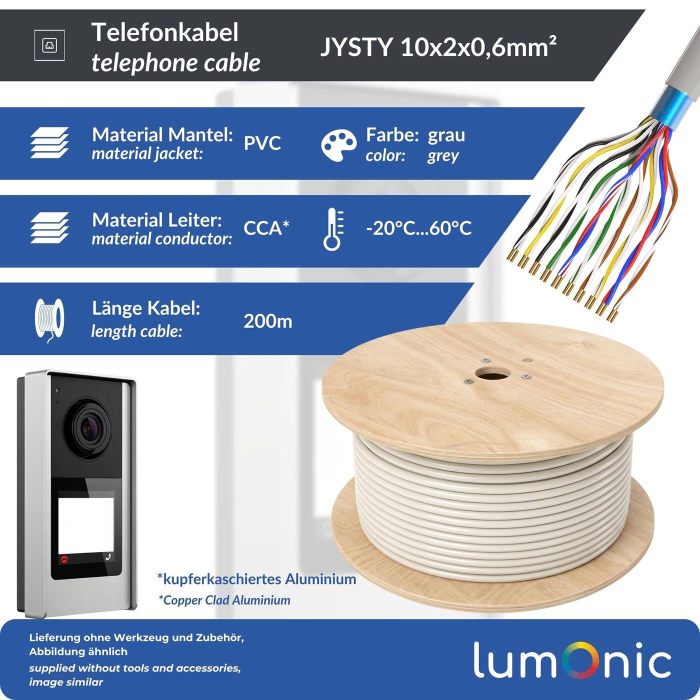 Lumonic Telefonkabel JYSTY grau auf Holzrolle | 10x2x0,6mm CCA | 200m | farbcodiert & geschirmt | Metermarkierung | Fernmeldekabel, Telefonanschlusskabel