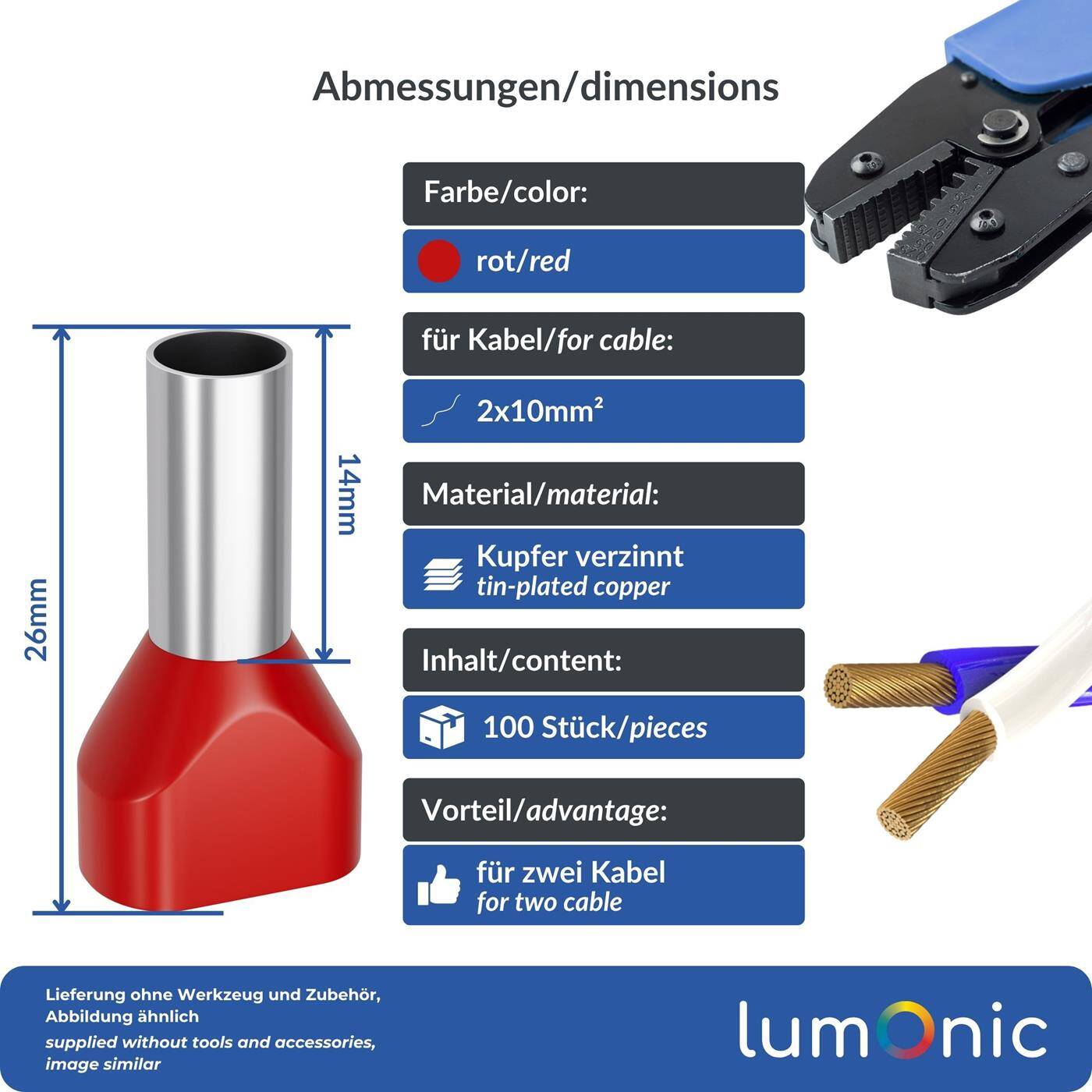 Lumonic 100 x 10mm² TWIN Aderendhülsen isoliert rot I Die Länge der Zwillingsaderendhülse für 2 Leitungen beträgt 12mm I Verzinnt zum Schutz gegen Korrosion