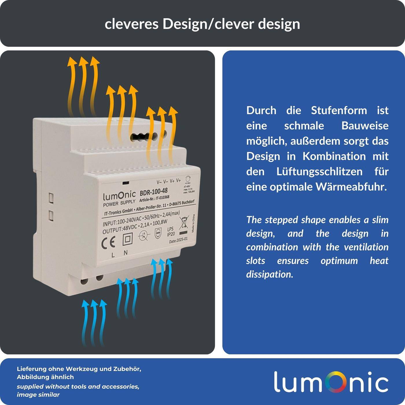 Lumonic I Netzteil Hutschiene BDR-100-48 I 48V / 100,8W I Input 100-240VAC I Überlastschutz & kurzschlussfest I DIN-Rail Schaltnetzteil I Schaltschrank & Verteilerkasten
