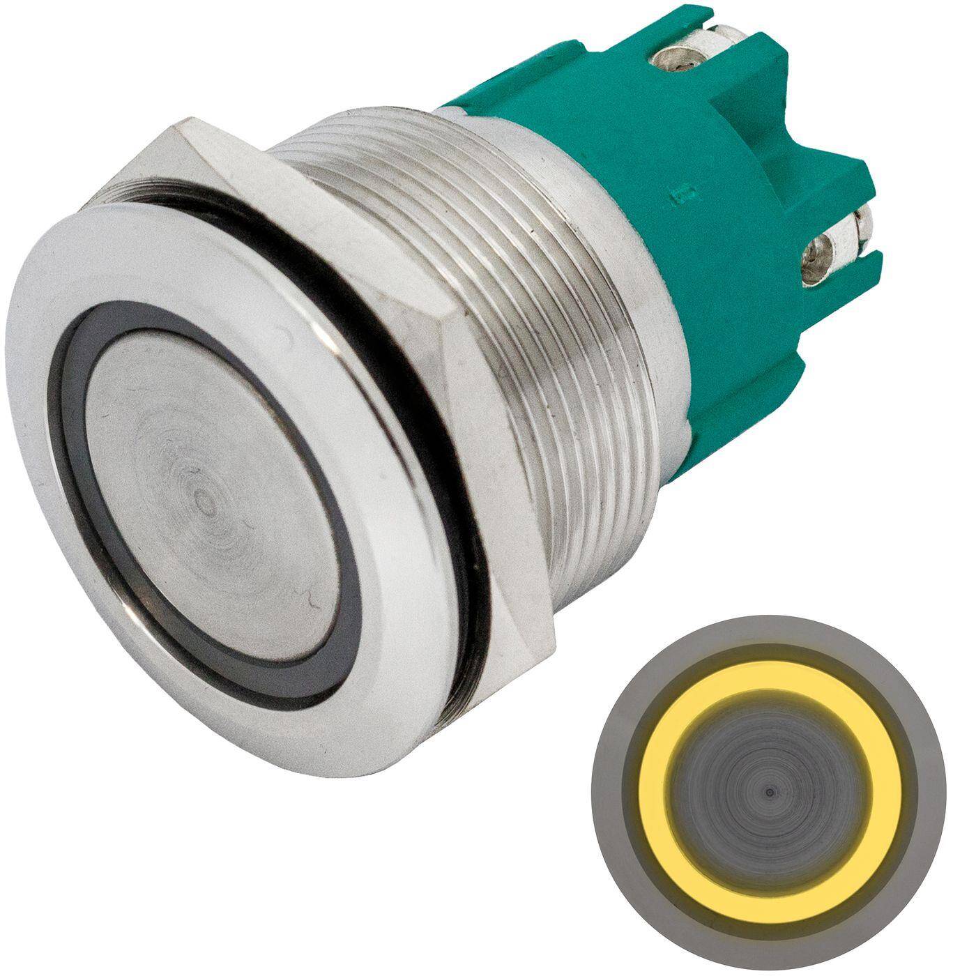 Lumonic Edelstahl Druckschalter flach 25mm Durchmesser I Mit einer Ring LED in Gelb Maße: Schraubanschluss 250V 3A I Vandalismussicher nach dem IP65 Standard
