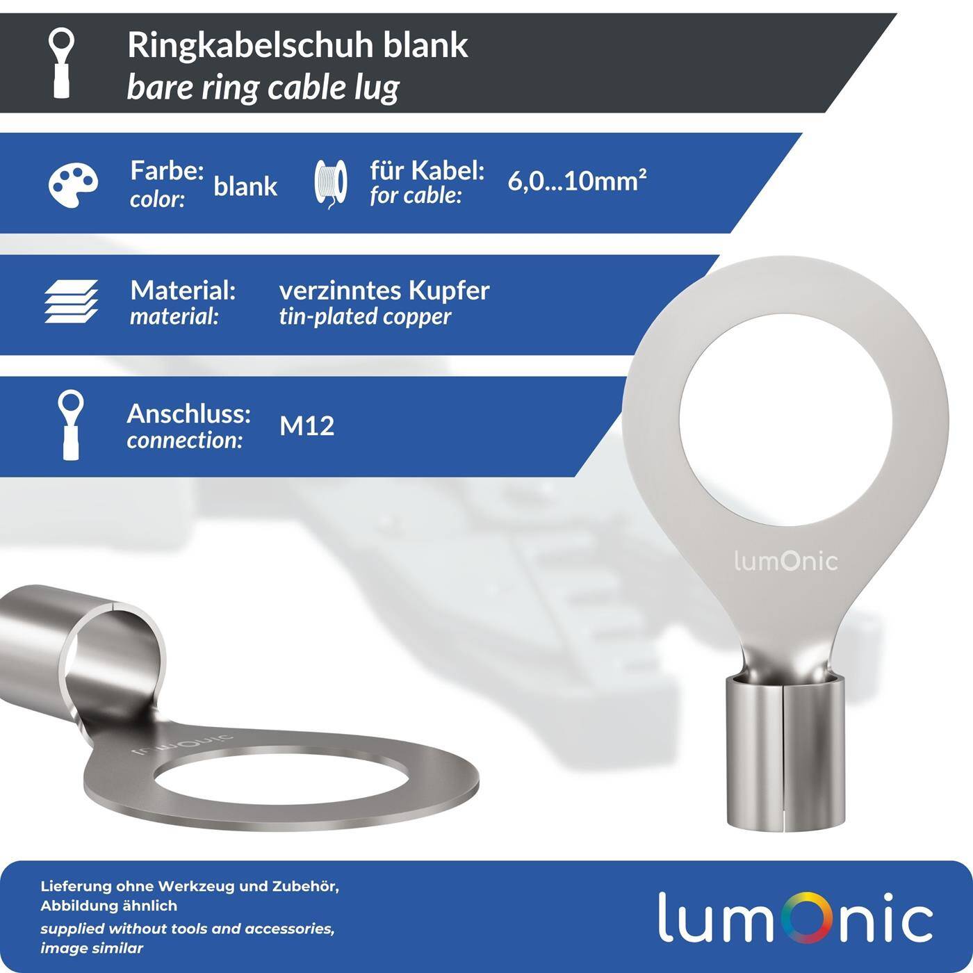 Lumonic 25x Ring cable lug 6,0-10,0mm² blank | M12 | Tinned copper | Secure cable connection without soldering | Crimp cable lug uninsulated | Motor vehicle, mechanical engineering, motorhome, battery