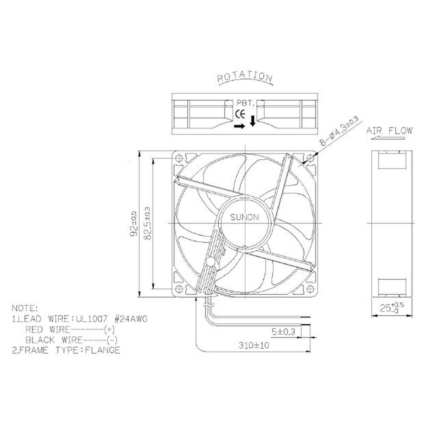 Fan 24V DC 1,44W 92x92x25mm 87,5m³/h 3000U/Min 87,5m³/h Sunon EF92252S11000UA99