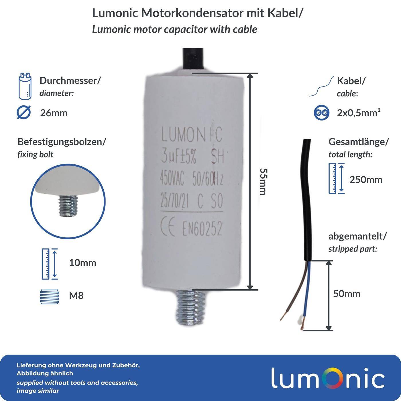 Lumonic Anlaufkondensator 3µF 450V | mit Kabel I 26x55mm I 3uF I Motorkondensator mit Kunststoffgehäuse I Betriebskondensator I für Pumpen, Rasenmäher, Werkzeuge