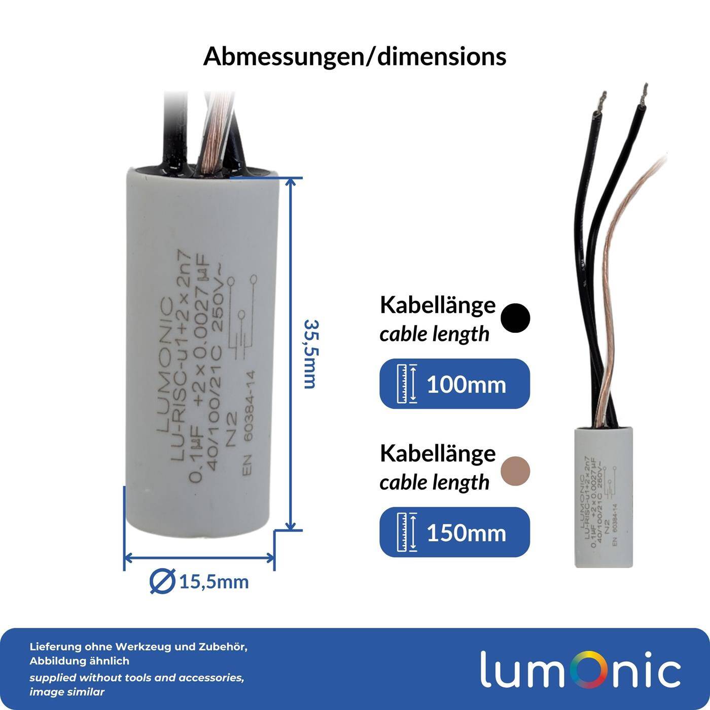Lumonic I Entstörkondensator 0,1µF 2x2,7nF 250VAC I 15x35mm I -40…+100°C I 3 Anschlusskabel I  I 0,1uF I EMV-Kondensator I für Haushaltsgeräte, Elektrowerkzeuge, Gebäudetechnik, Industrieanwendungen, LED
