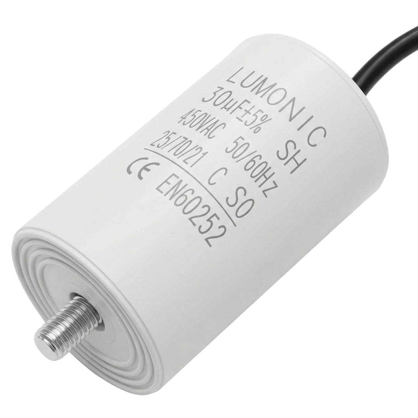 Lumonic Anlaufkondensator 30µF 450V | mit Kabel I 45x75mm I 30uF I Motorkondensator mit Kunststoffgehäuse I Betriebskondensator I für Pumpen, Rasenmäher, Werkzeuge
