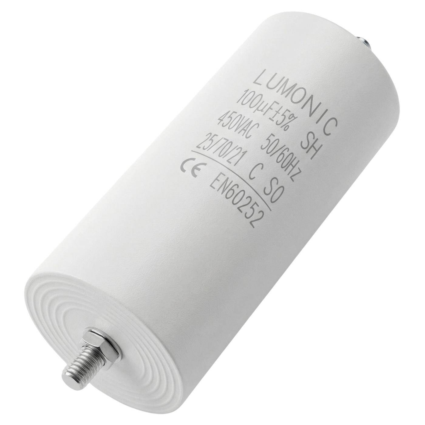 Lumonic Starting capacitor 100µF 450V | with Plug I 55x120mm I 100uF I Motor capacitor with plastic housing I Operating capacitor I for pumps, lawn mowers, tools