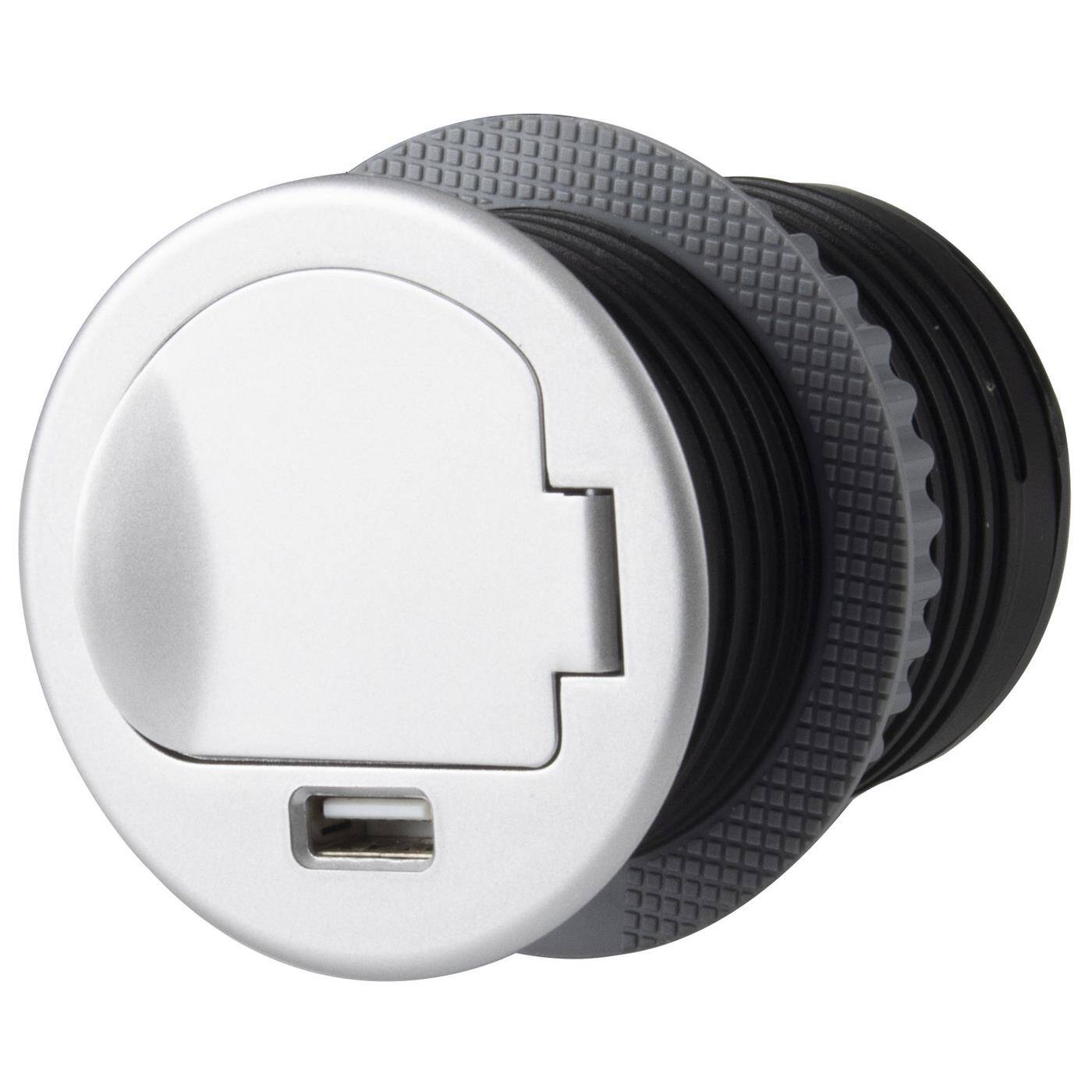 SingleBox Schuko Steckdose + USB 2,4A Tischsteckdose Bohrloch 68mm Aluminium
