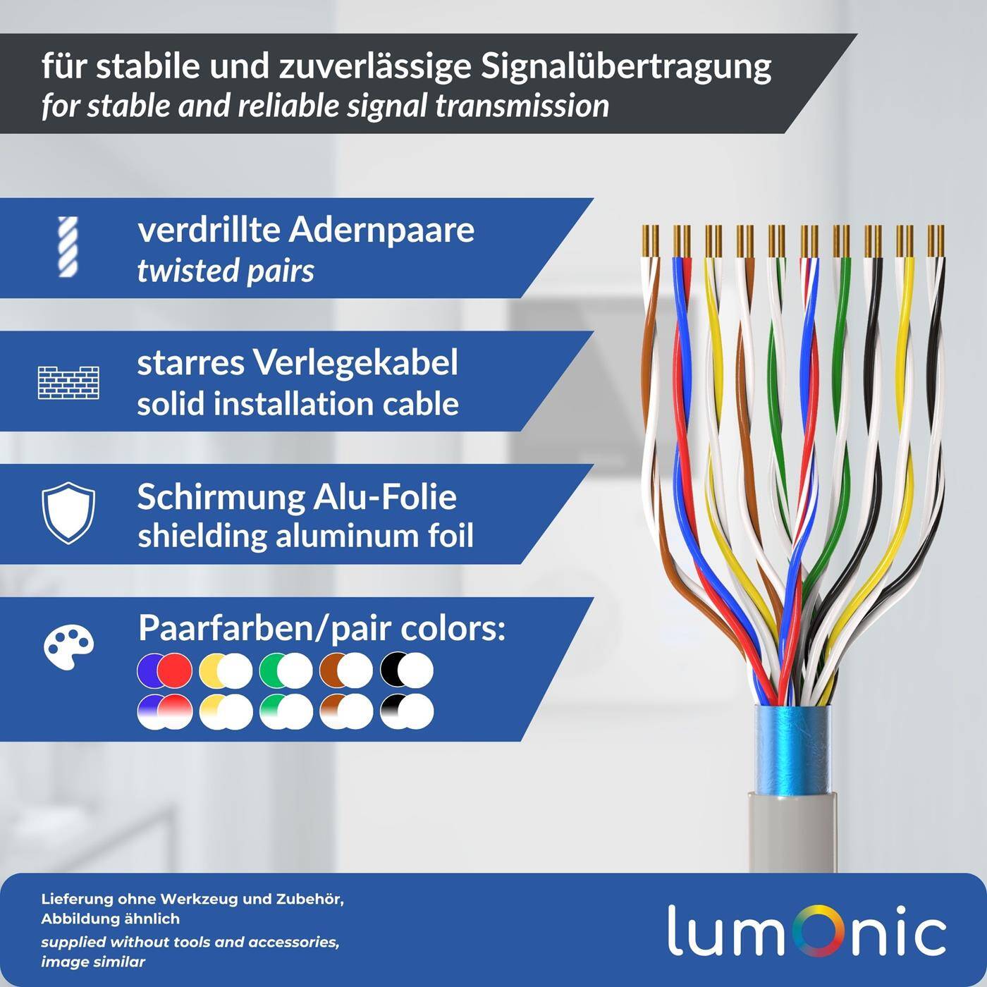 Lumonic Telefonkabel JYSTY grau | 10x2x0,6mm CCA | 100m | farbcodiert & geschirmt | Metermarkierung | Fernmeldekabel, Telefonanschlusskabel