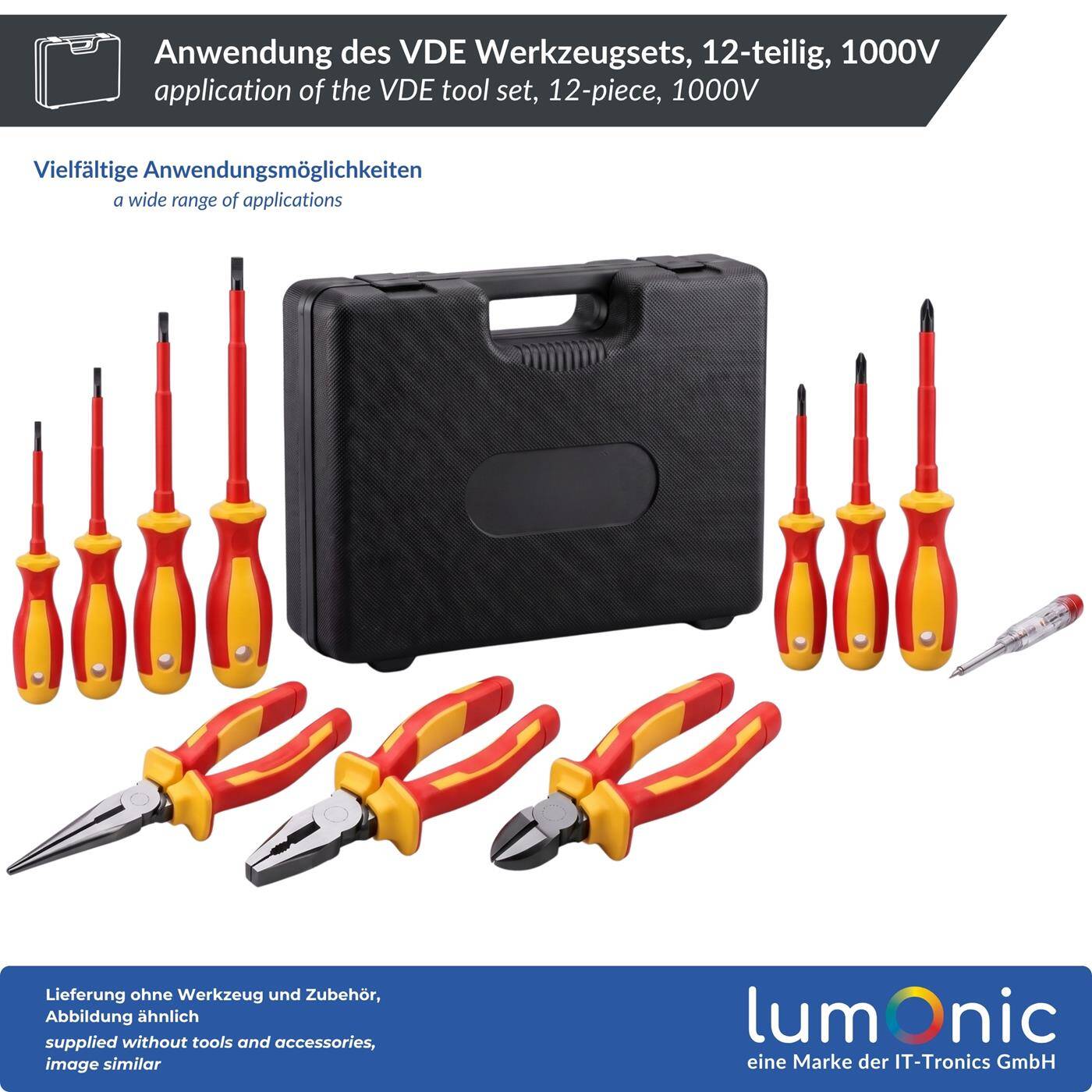 Lumonic VDE 12-Piece 1000V Tool Set in a Case—3 pliers, 7 screwdrivers, 250V voltage tester, plastic case, for electricians and home wiring projects