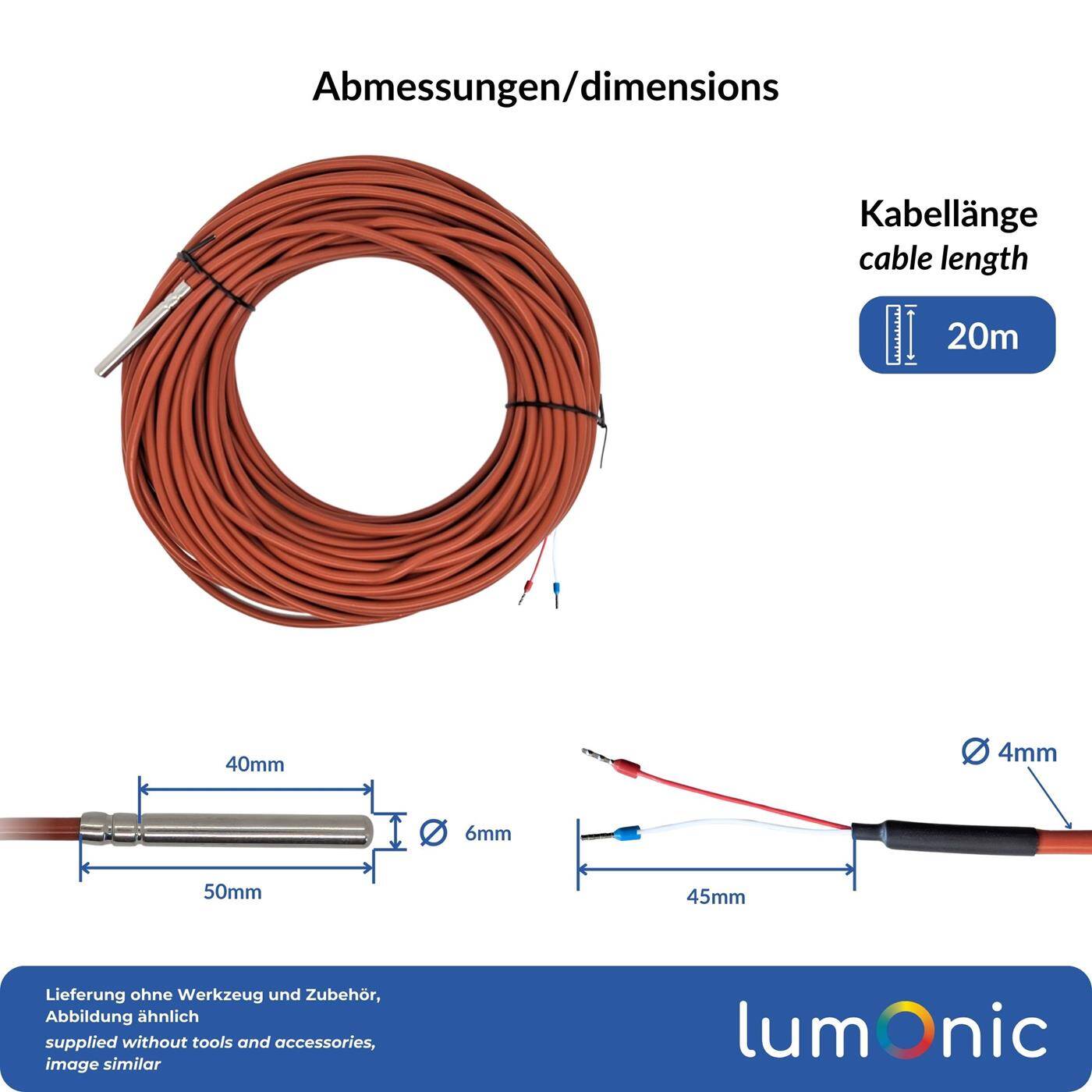 Lumonic Temperaturfühler PT1000 mit Silikonkabel 20m I -50...200°C I 6mm I 2-Leiter-Anschluss I IP65 I Temperatursensor Fühler I für Heizung, Wärmepumpe, Fotovoltaik, Automation