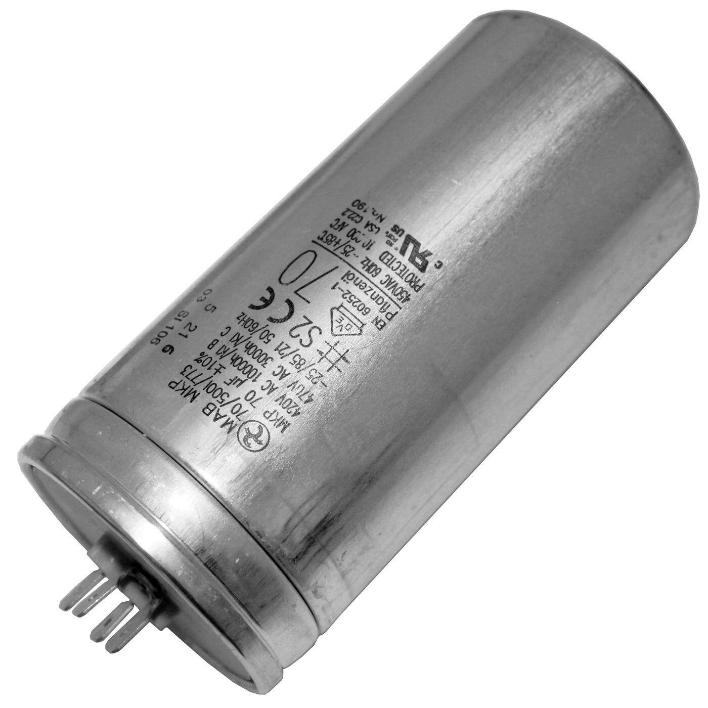 Lumonic Anlaufkondensator Hydra MKP-500 70-A inkl. Stecker 6,3x0,8mm | Motorkondensator 70µF 420V 60x123mm I Kondensator mit hochwertigem Metallgehäuse