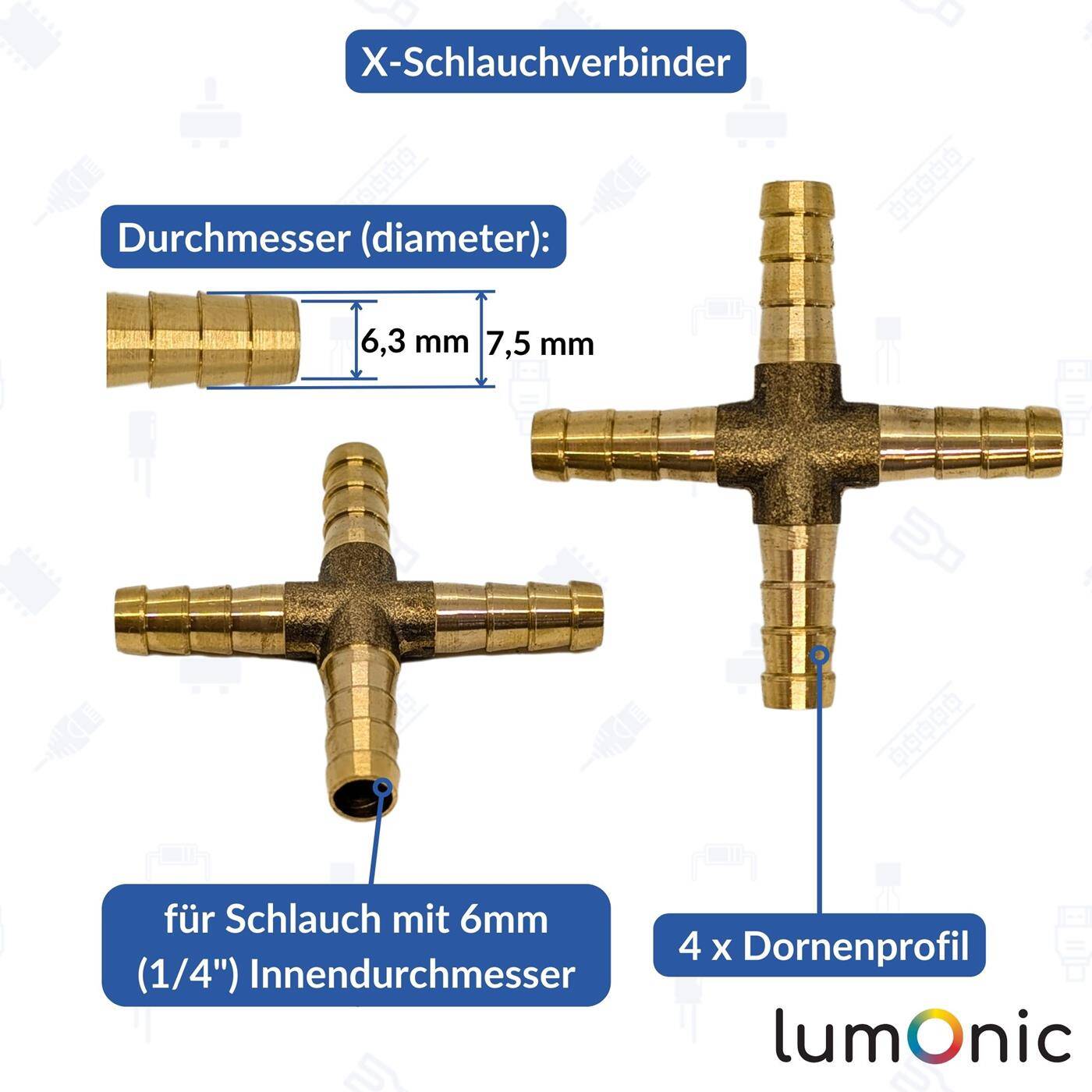 X-Schlauchverbinder für 6mm (1/4") Schlauch aus Messing Kreuz-Verbinder X-Stück mit Dornenprofil Druckluft & Wasser für Werkstätten, Betriebe und Heimwerker