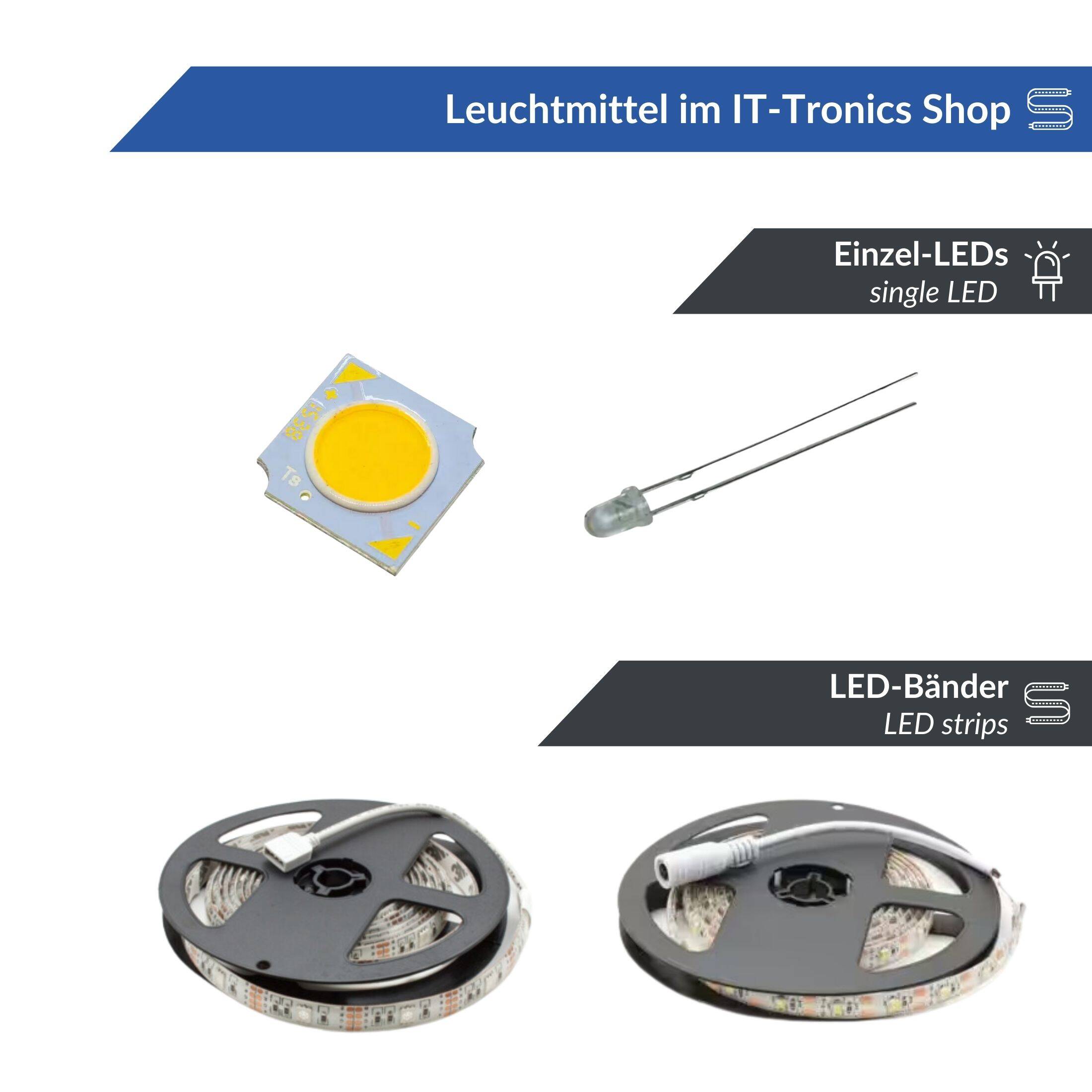 Zeigt zwei LED Streifen und zwei einzelne LEDs.