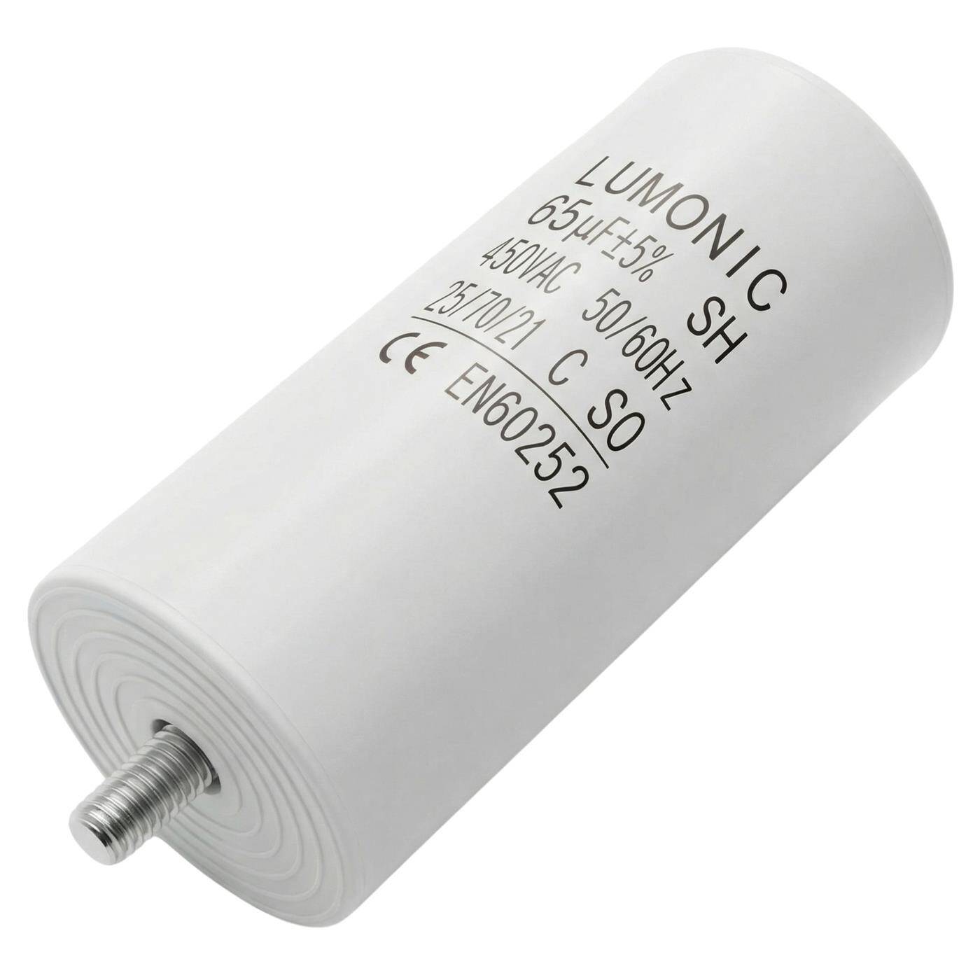 Lumonic Anlaufkondensator 65µF 450V | mit Stecker I 50x110mm I 65uF I Motorkondensator mit Kunststoffgehäuse I Betriebskondensator I für Pumpen, Rasenmäher, Werkzeuge