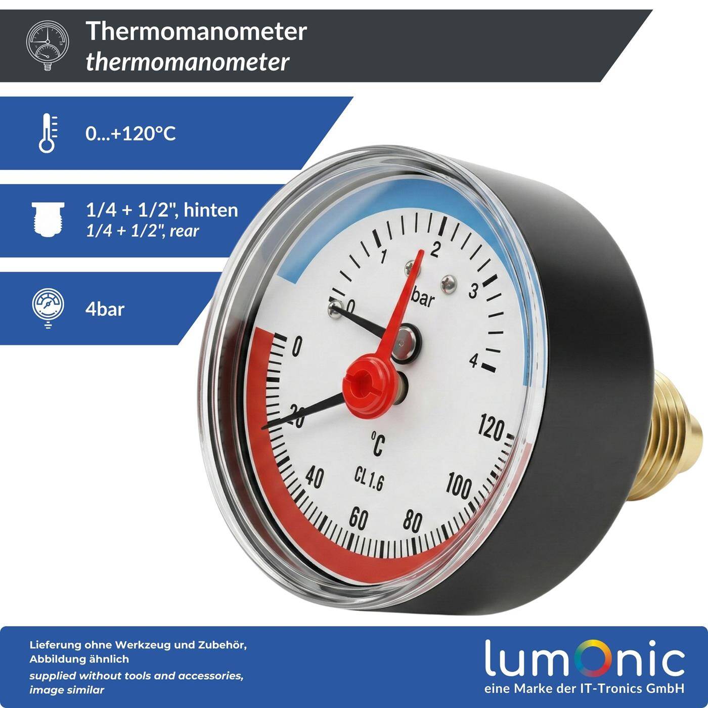 Lumonic Thermomanometer 4bar 0-120°C | 1/4 + 1/2 inch (adapter) | Rear connection | Ø 63mm, large scale | Heating pressure gauge | Metal housing