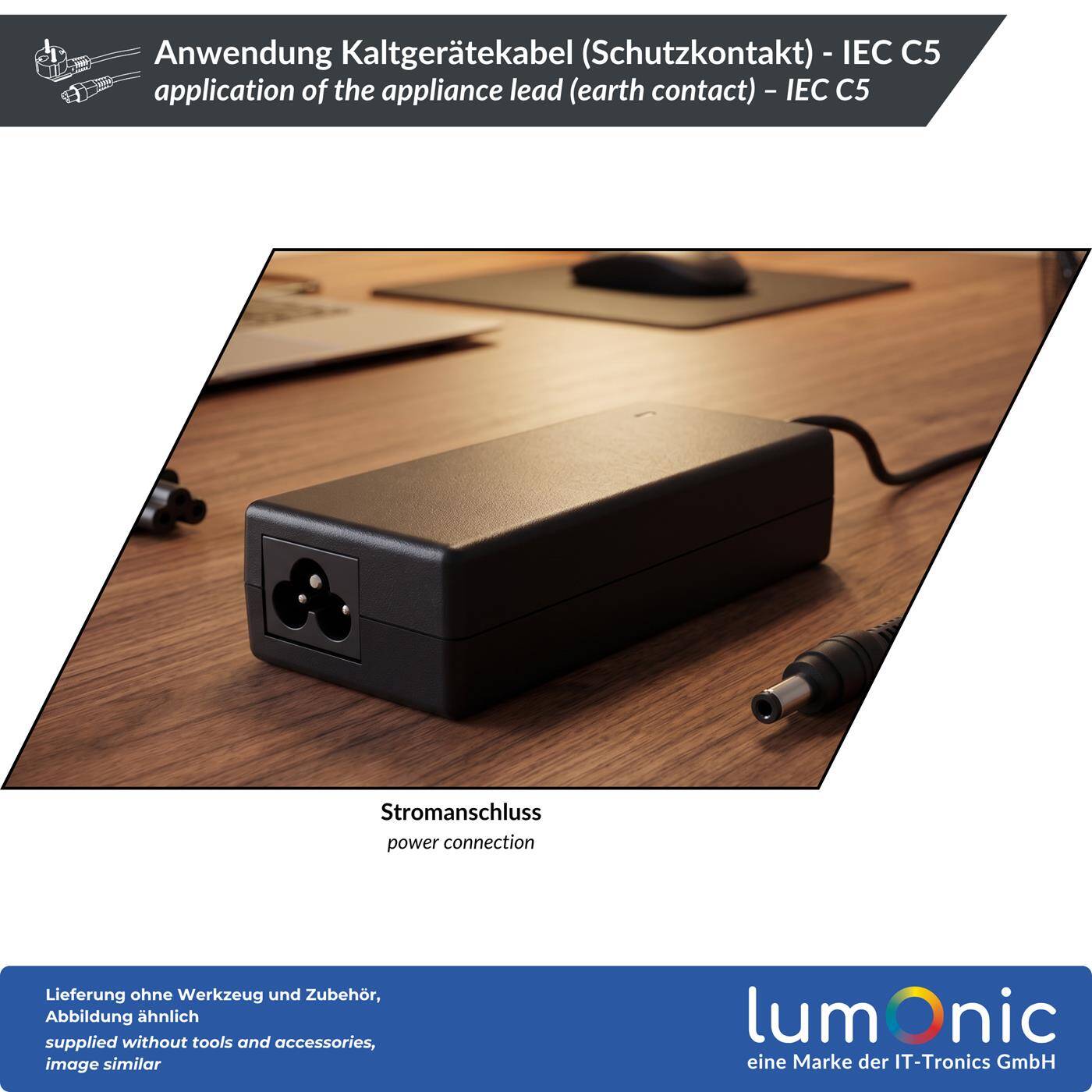 Lumonic Netzkabel Schuko auf C5 Kleeblatt, Schwarz 1 m, 230 V - Dreipolige Kleeblattkupplung, für Notebook-Netzteile und Beamer, hält täglichem Transport stand, Knickschutz gegen Kabelbruch