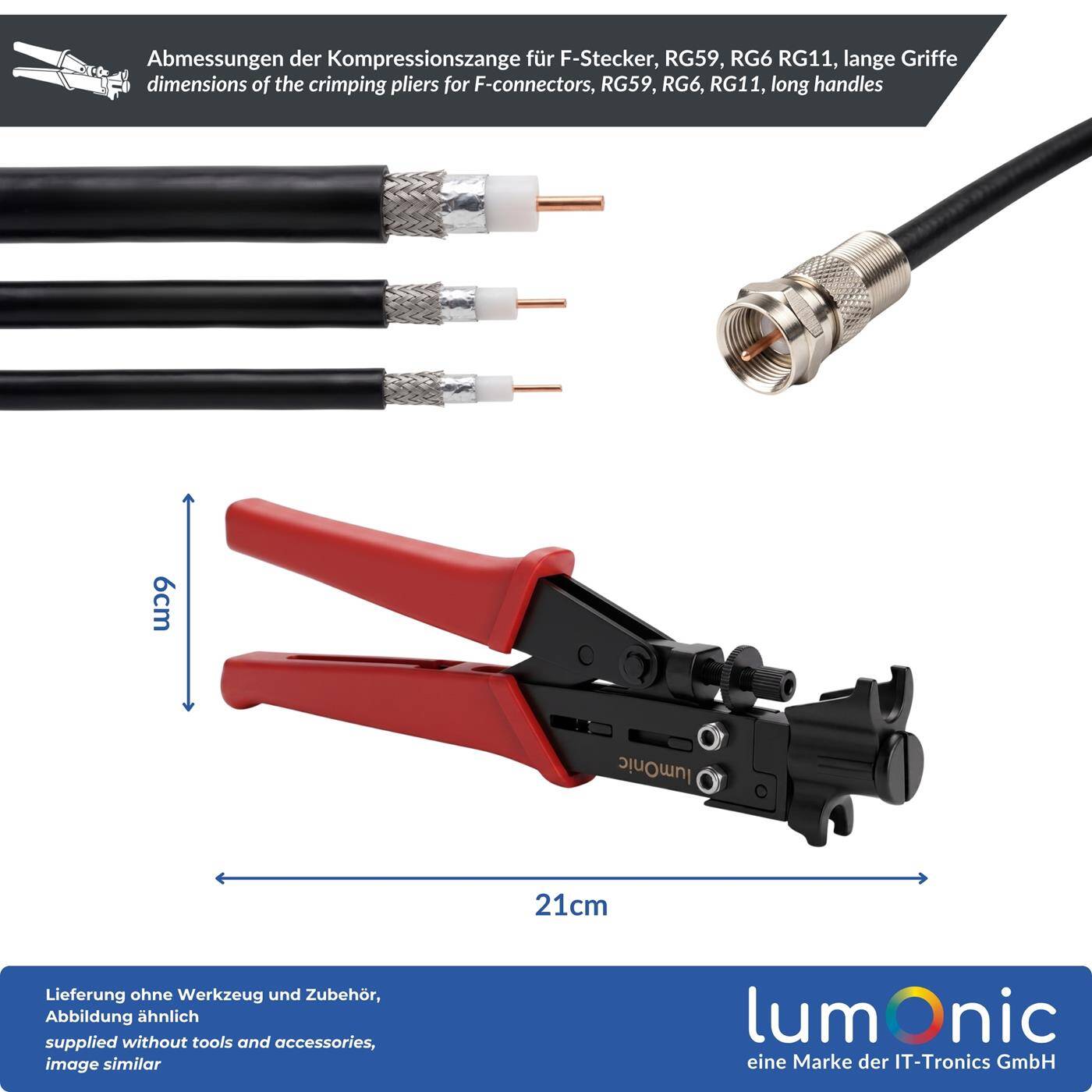 Lumonic Compression Pliers for F-Connectors, RG59, RG6, RG11, Long Handles - Adjustment Wheel for RG59, RG6, and RG11, Axial Compression, Metal, Longer Handles, for Coaxial Cables, Satellite Cables, Splitters