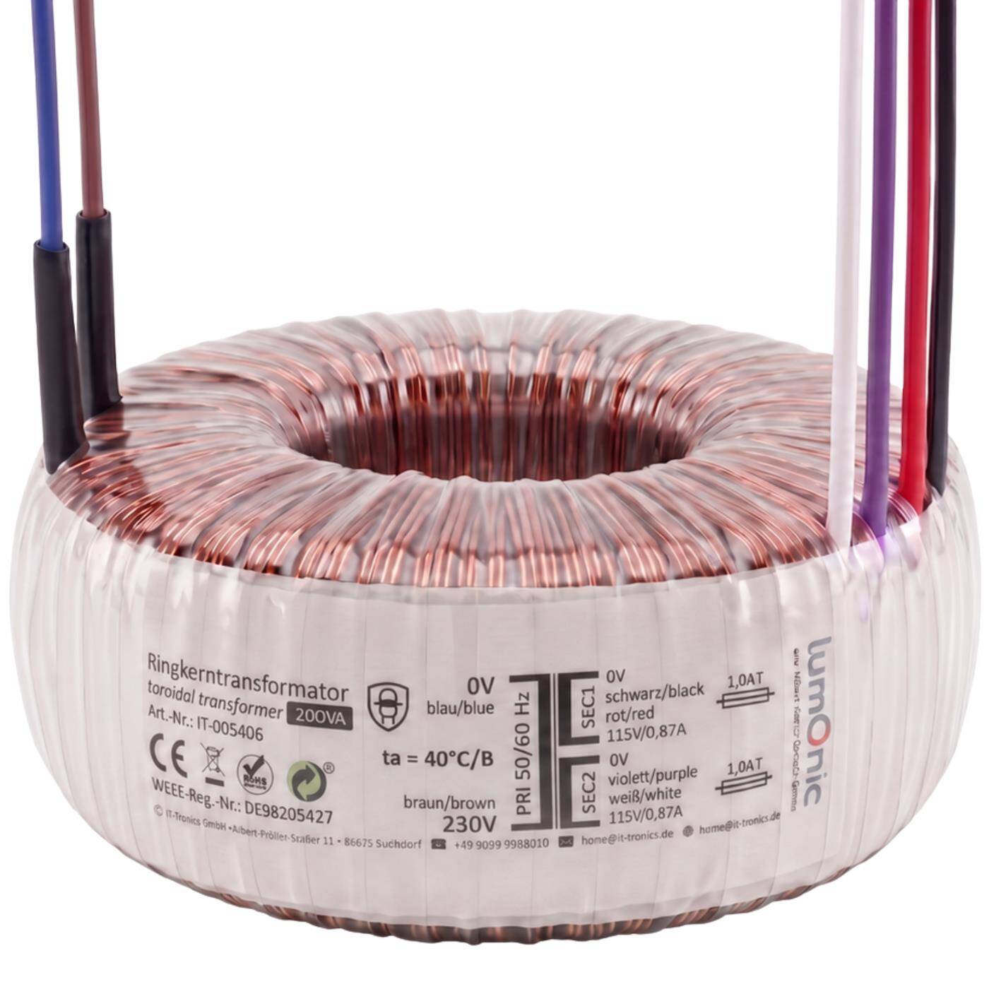 Lumonic Ringkerntrafo Transformator 200VA | Primär 230V AC | Sekundär 2x 115V AC oder 1x 230V AC | Brummarm | Transformator für HiFi Audio Verstärker