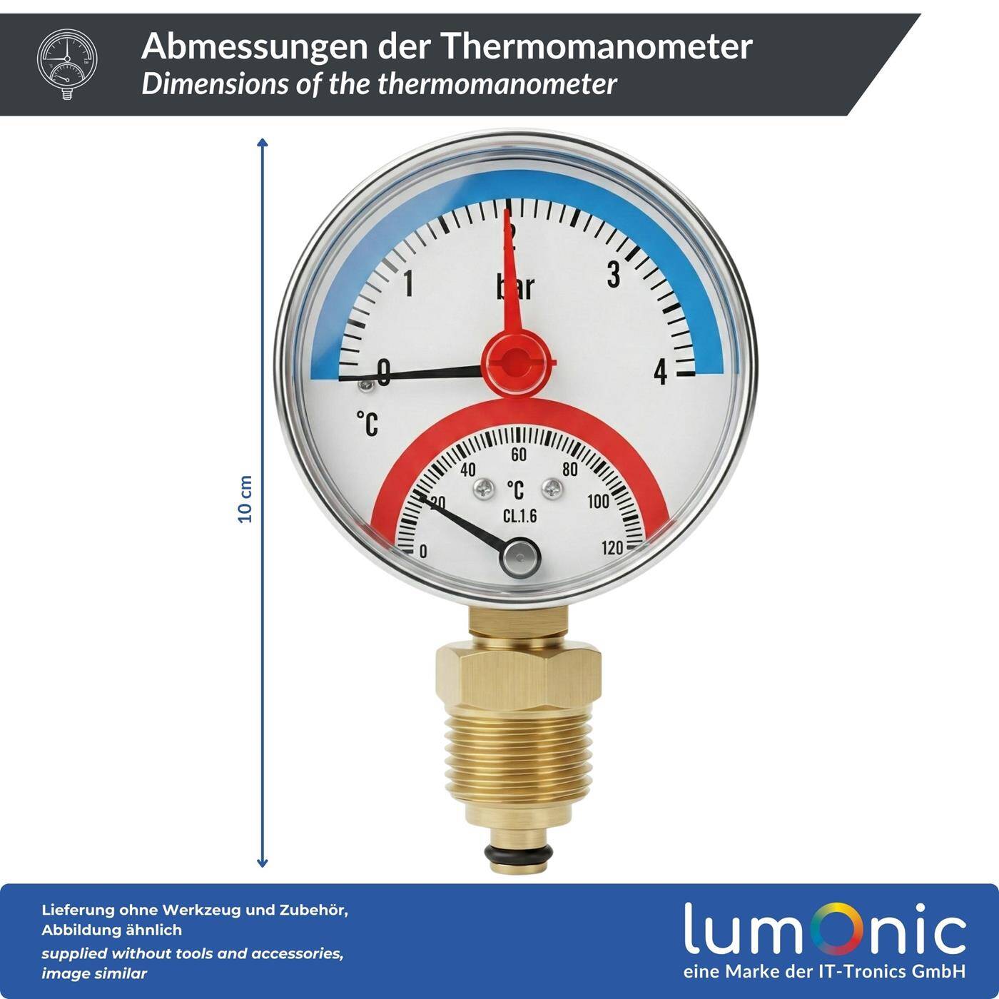 Lumonic Thermomanometer 4bar 0-120°C | 1/4 + 1/2 inch (adapter) | Bottom connection | Ø 63mm, large scale | Heating pressure gauge | Metal housing
