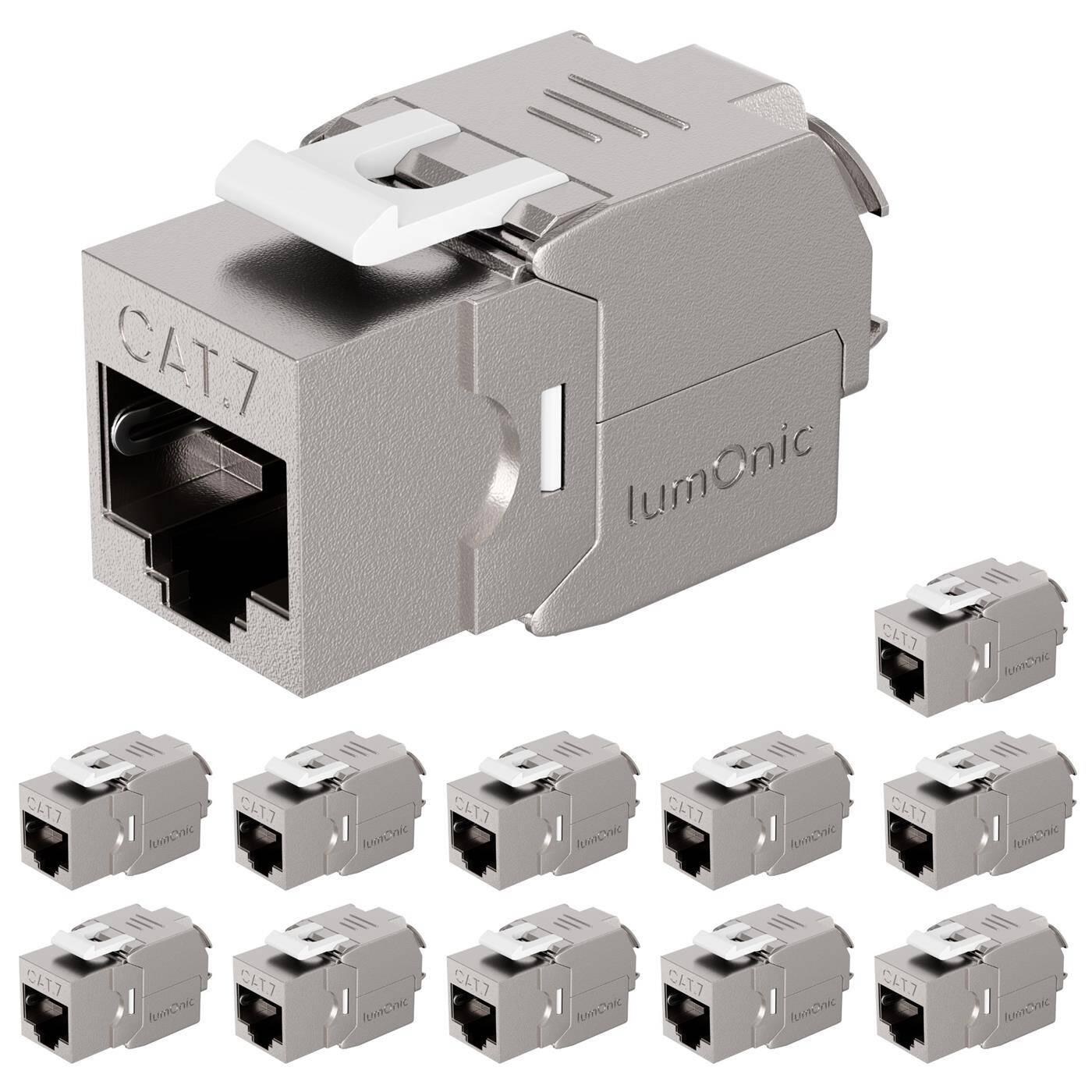Set of 12 Keystone RJ45 CAT7, Quick, tool-free installation, T568A/B color-coded, for wall socket + patch panel, PoE++, up to 10Gbit/s, 360° shielding, Strain relief with cable tie, Metal housing, Jack module