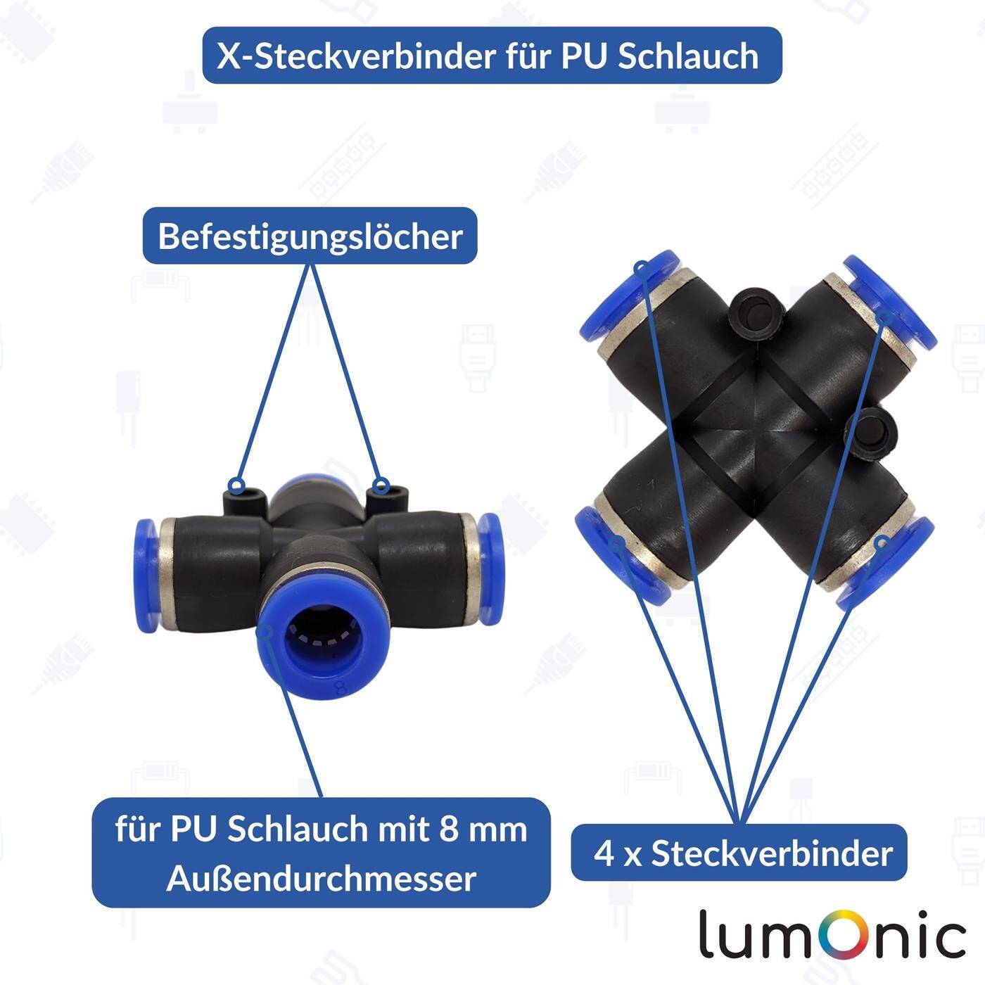 PU Schlauch X-Steckverbinder 8mm X-Stück Push-in pneumatischer Steckverbinder Kreuz-Verbinder Druckluft & Automatisierung