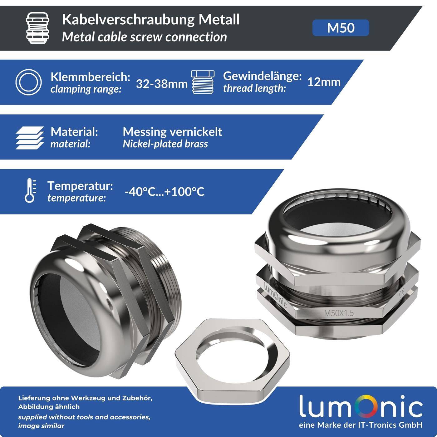 Lumonic Metal cable gland M50 | Clamping range 32-38mm | IP68 | with locknut | Nickel-plated brass, EMC | -40...+100°C | corresponds to PG36