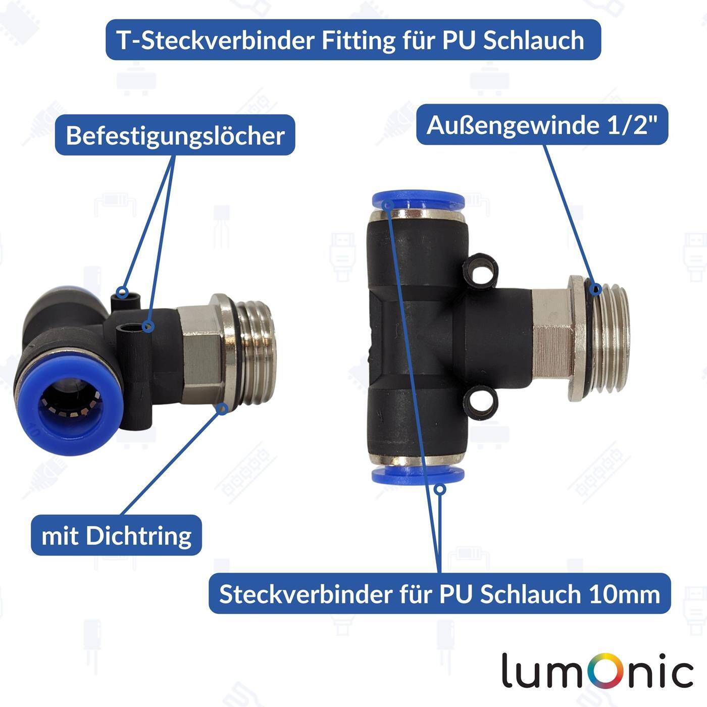 PU hose T-connector fitting with external thread 10mm*1/2inch T-piece Push-in Pneumatic plug connector T-distributor Compressed air