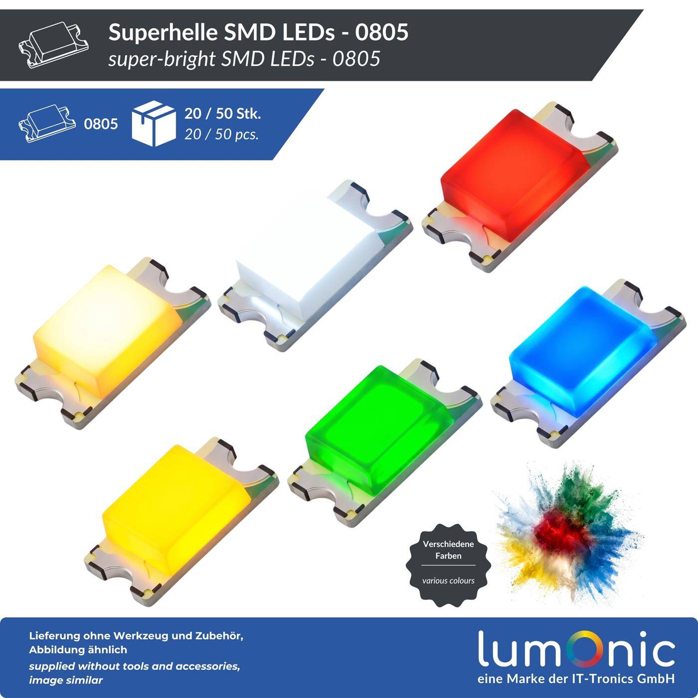 Lumonic 50x Superhelle LEDs vom Typ SMD 0805 - High Power LEDs zum selber Löten DIY in Farbe Kalt-Weiß 6000K - Maße: 2x1,25mm