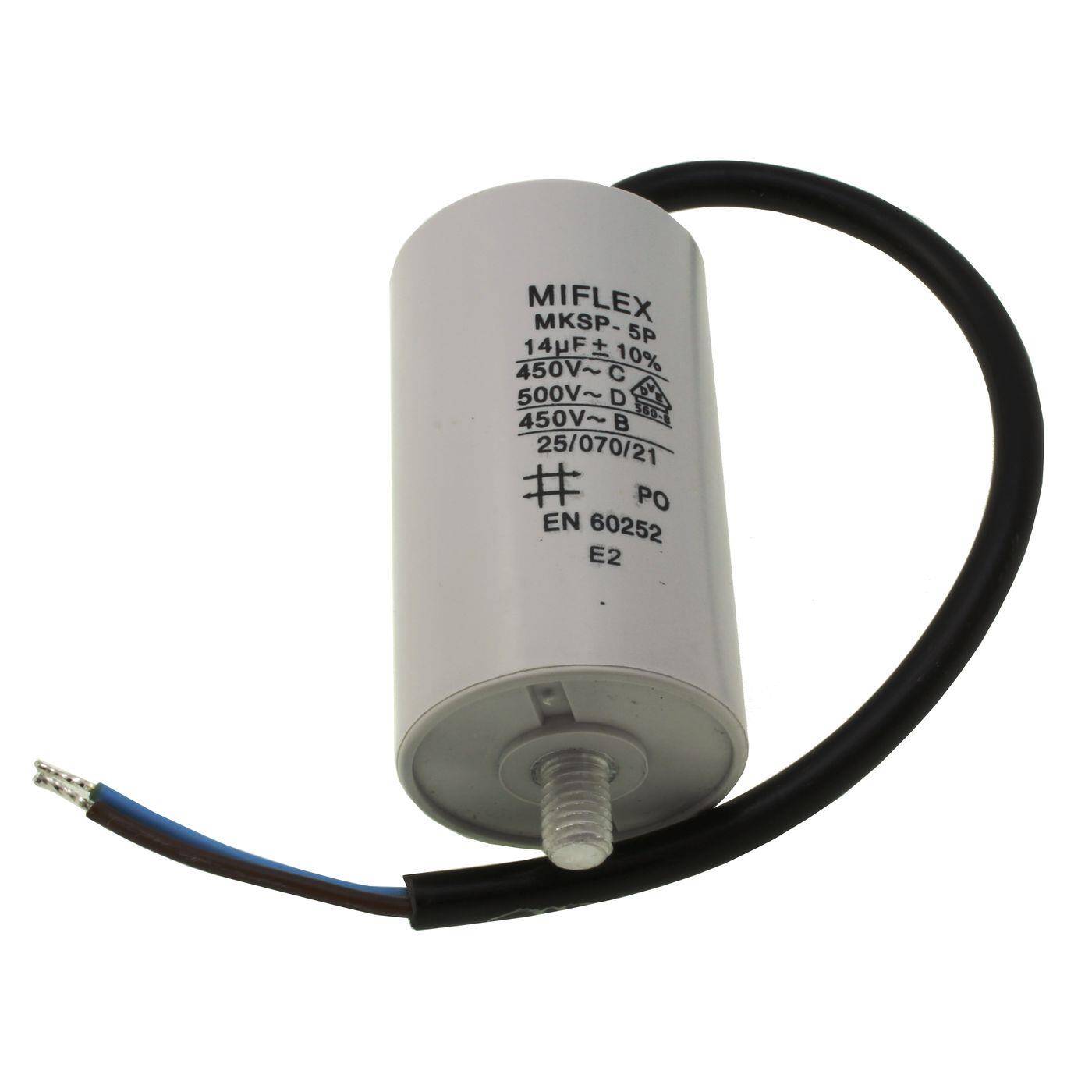 Anlaufkondensator Motorkondensator 14µF 450V 40x70mm Kabel 25cm Miflex 14uF