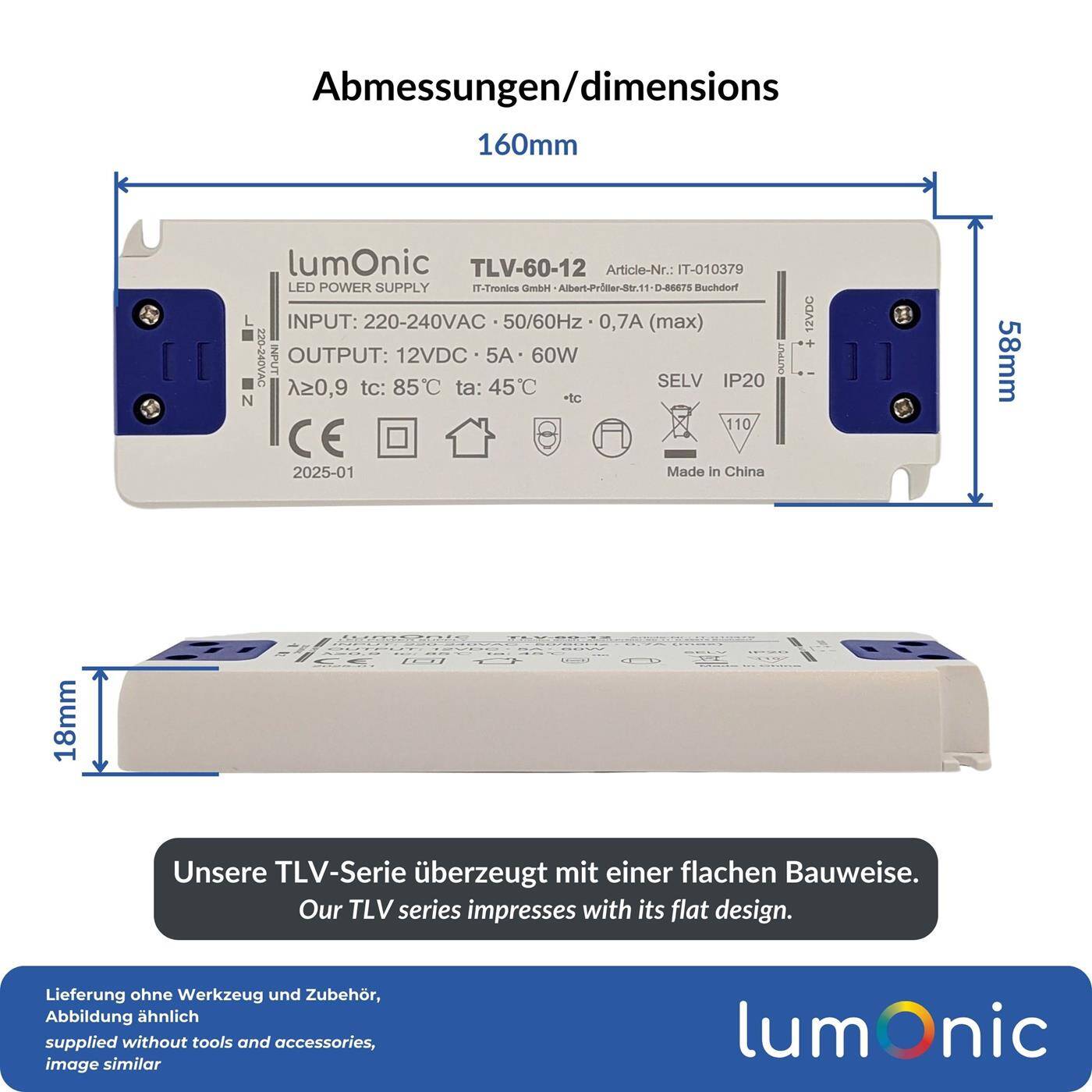 LED Trafo TLV-60-12 12V 60W Input 220-240VAC flimmerfrei & ultradünn Überlastschutz LED-Netzteil für LED-Beleuchtung & LED-Streifen