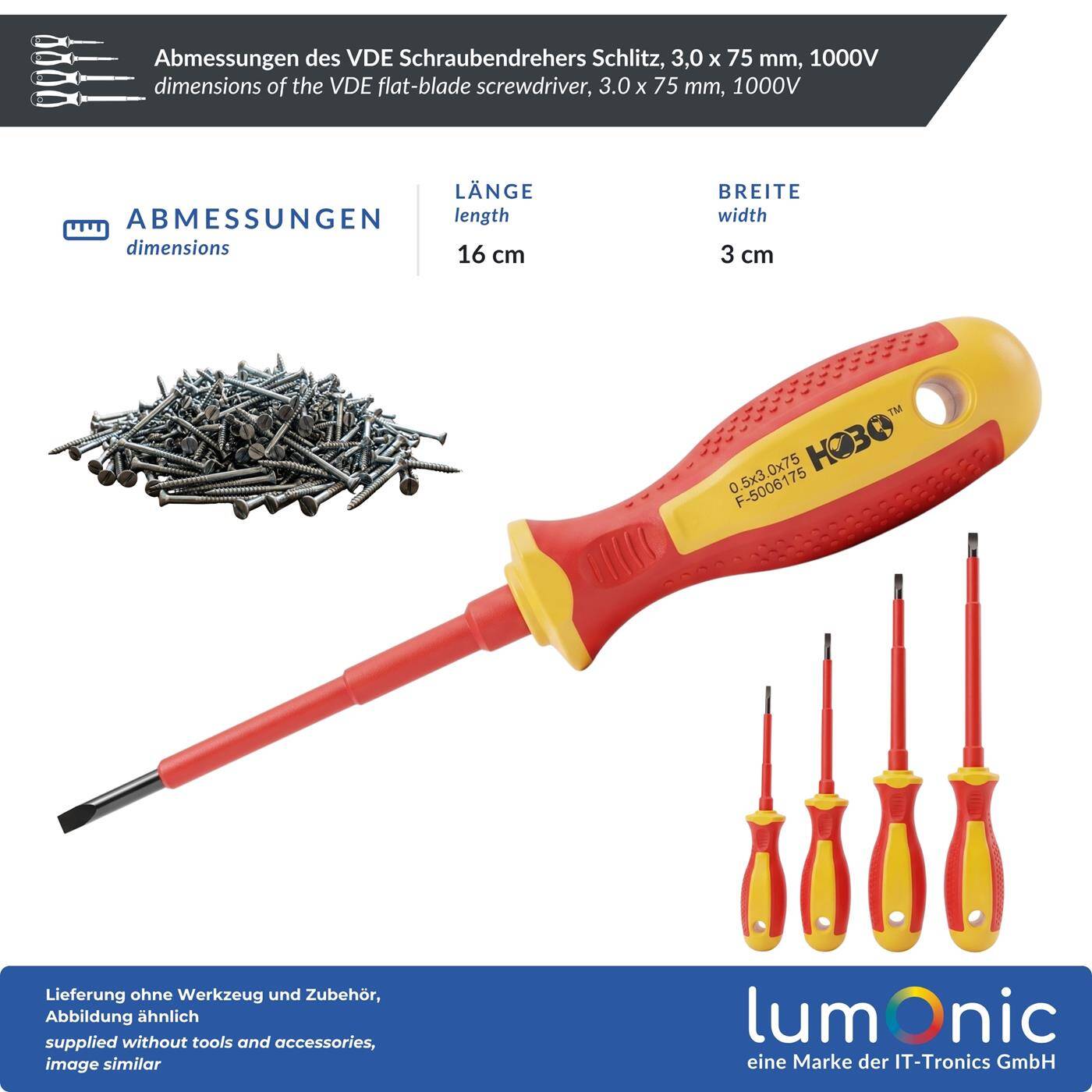 Lumonic VDE Flat-Blade Screwdriver, 3.0 x 75 mm, 1000 V - S2 steel, blued, magnetic tip, two-component handle, for terminals, switches, and control cabinets