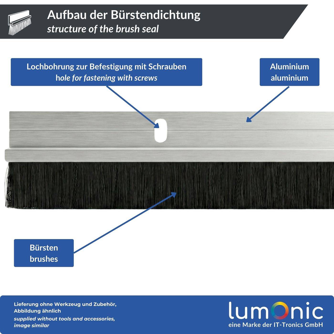 Lumonic 1m Bürstendichtung 20mm | Alu Profil silber | Spart Heizkosten | Verschraubbar + Zuschneidbar | Türbodendichtung als Zugluftstopper, Kälteschutz, Insektenschutz für Türen