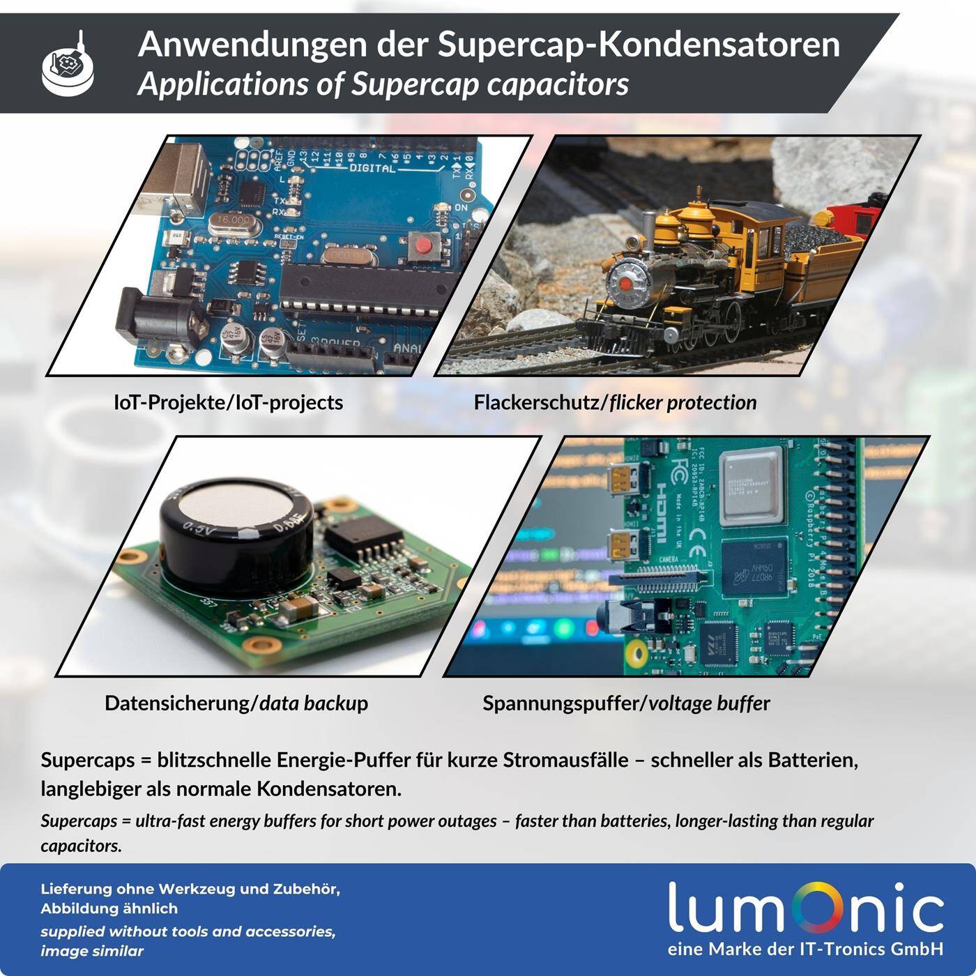 Lumonic 5x Supercap 4,0F 5,5V V-Type | direkt einsetzbarer EDLC, hohe Kapazität | 5,5V Monoblock - kein Balancing notwendig | Flackerschutz, Backup, SPS, Heizung