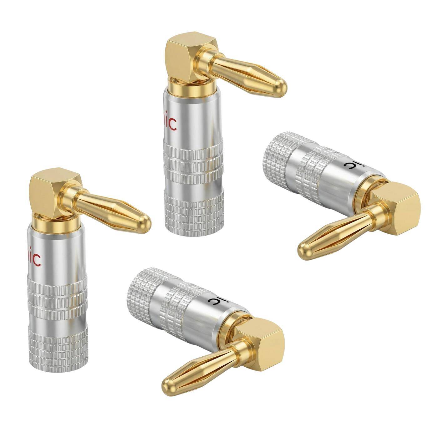 4er Set HiFi Bananenstecker silber, gewinkelt, schraubbar, vergoldete 4mm Kontakte, für 0,75mm²…4,0mm², Metallgehäuse, für Verstärker, Lautsprecher, Surround-System