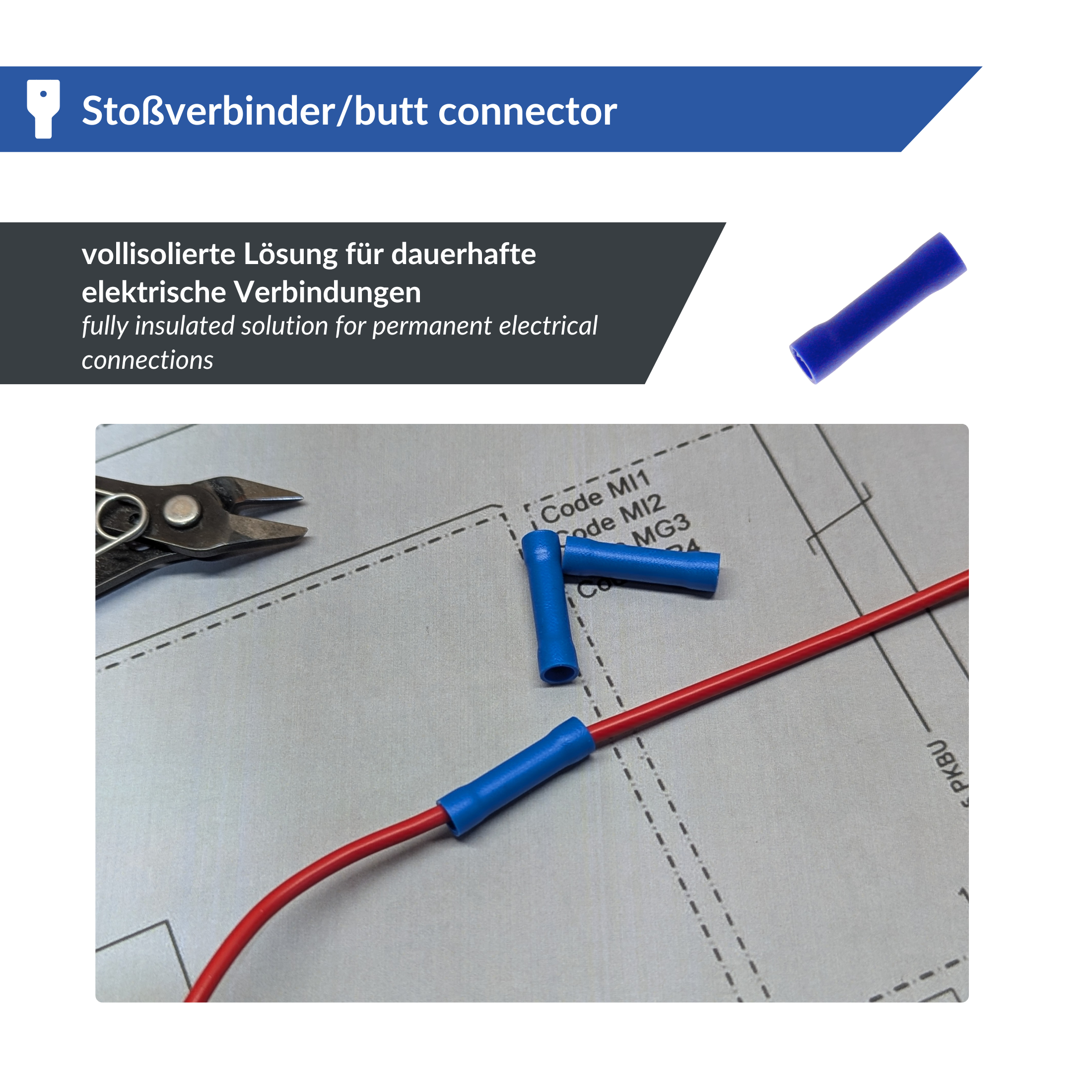 Die elektrische Verkabelung besteht aus einem roten Kabel mit einem blauen Stoßverbinder, einem sogenannten „Kabelverbinder“. Ein zweiter Verbinder liegt auf einer technischen Zeichnung. Daneben liegt eine Drahtschneidezange bereit zum Einsatz. In Texten