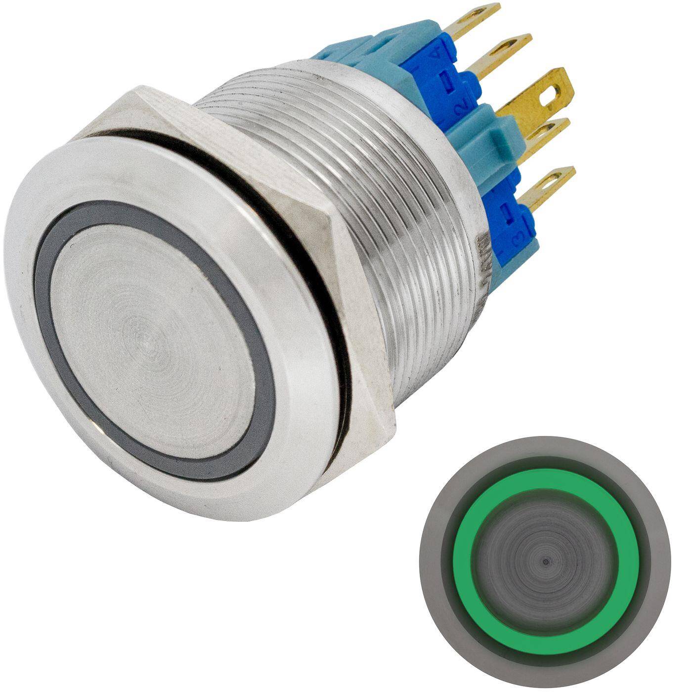Stainless steel Pressure switch Flat Ø22mm Ring LED Green IP65 2,8x0,5mm Pins 250V 3A Vandal-proof Stainless steel Pressure switch Flat Ø22mm Ring LED Green IP65 2,8x0,5mm Pins 250V 3A Vandal-proof