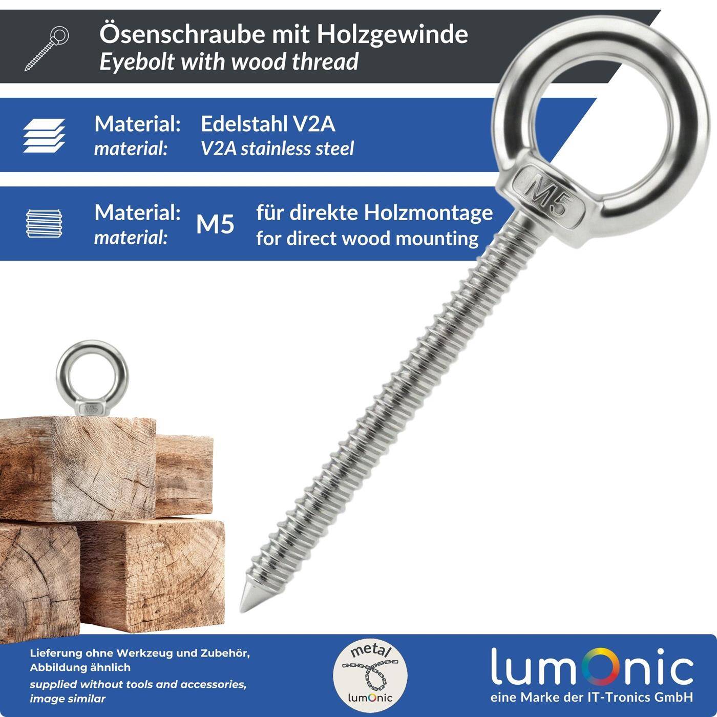 Eye bolt V2A stainless steel with wood thread M5x50mm  Attachment to beams/wooden posts Eyebolt for awning hammock swing + chains