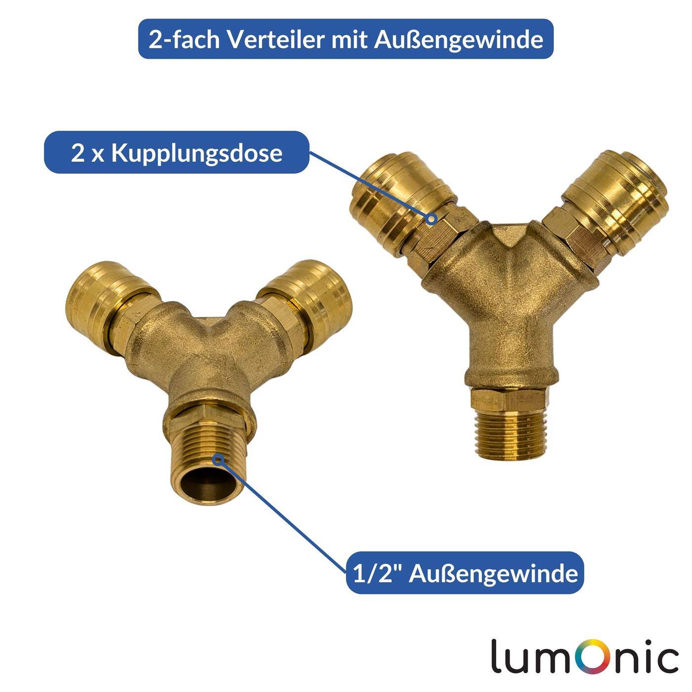 Lumonic I Compressed air distributor 2-fold I with external thread 1/2" I made of brass I Compressed air distributor I Compressed air diverter I Quick coupling I Multiple distributor I for workshops, businesses and DIY enthusiasts