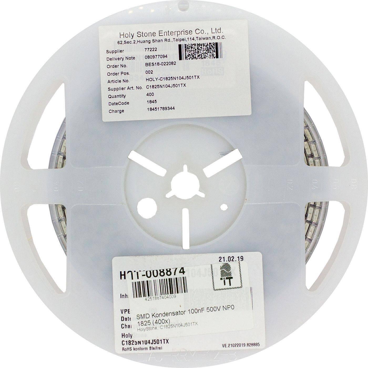 400x SMD Kondensator 100000pF 500V 1825 NP0 / C0G HolyStone C1825N104J501TX 100nF