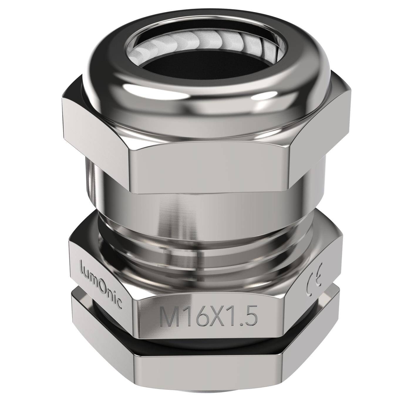 Kabelverschraubung Metall M16, Klemmbereich 5-10mm, IP68, mit Gegenmutter, Messing vernickelt, EMV, -40…+100°C, entspricht PG9