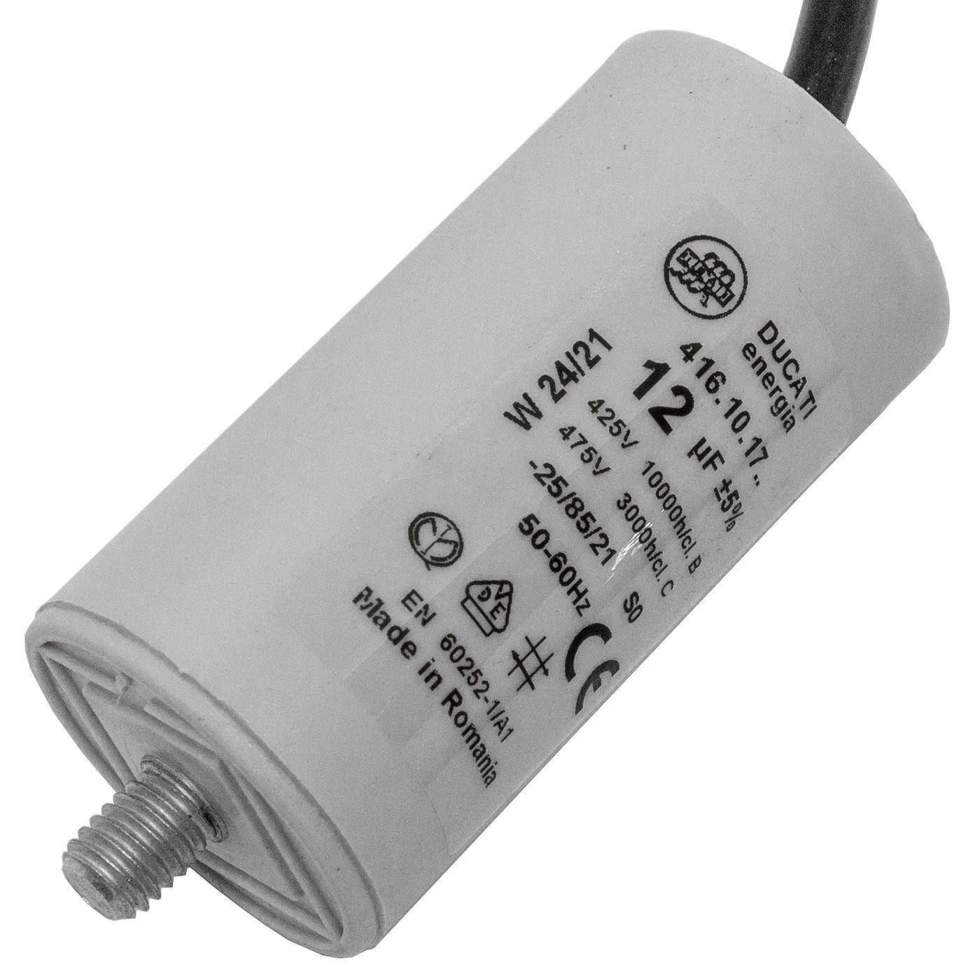 Anlaufkondensator Motorkondensator 12µF 400V 36x70mm Kabel 35cm Ducati 416.10.17 B 12uF