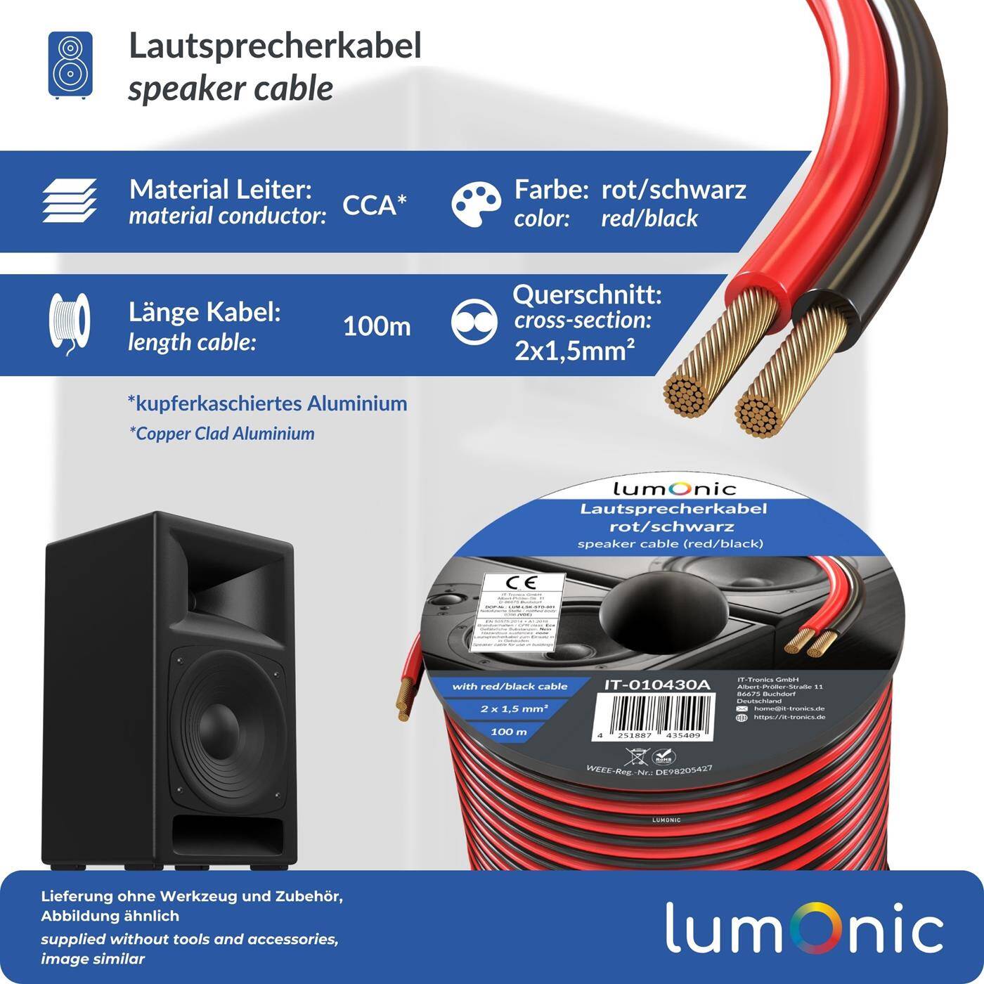 Lumonic Lautsprecherkabel | 100m Rot Schwarz | 2x 1,5mm² CCA | HiFi Boxenkabel | Audio Zwillingsleitung